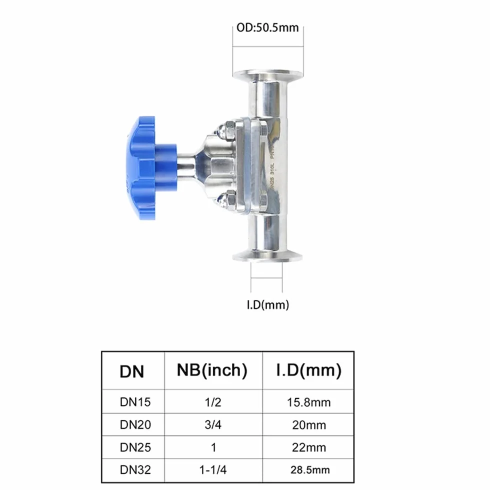 Valvole, 1/2" 3/4" 1" 1-1/4" Tubo OD 19mm 25mm 32mm DN20 Acciaio Inossidabile 316L Valvola A Membrana Sanitaria 1.5" Tri-Clamp Ferrule OD 50.5mm 1PC (Color : White Handle, Size : DN25 x Ferrule 50.5