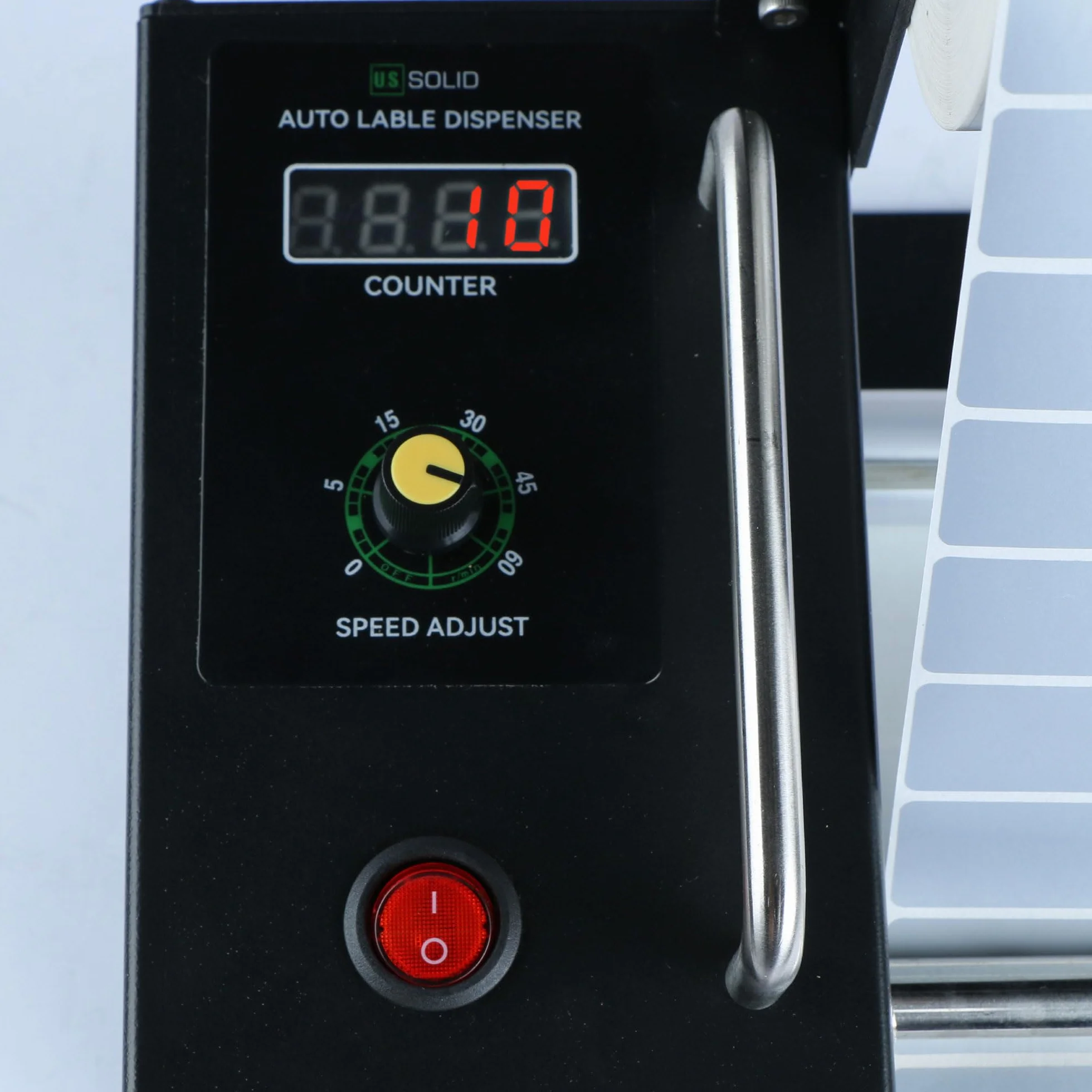 U.S. Solid Distributore automatico di etichette con contatore – Velocità regolabile, larghezza 10–115 mm, lunghezza 8–130 mm, per etichette trasparenti e opache