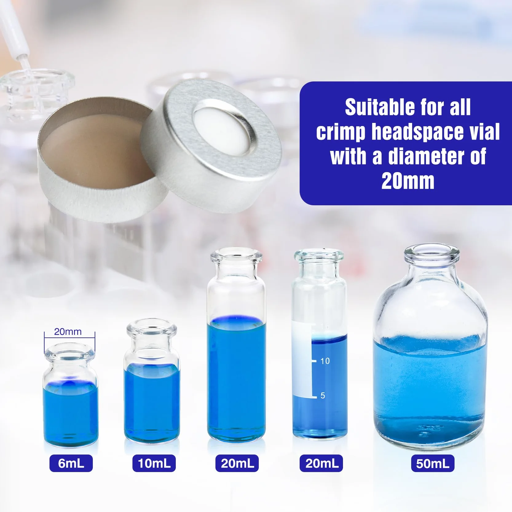 Tappo a Crimpare in Alluminio 20 mm, Guarnizione PTFE Naturale/Silicone Bianco per Fiale Spazio di Testa, Confezione da 100