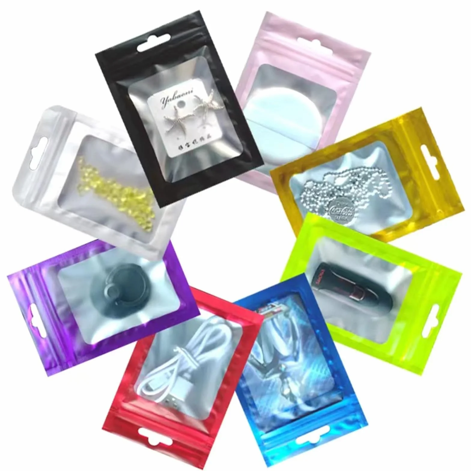 Sacchetti Ziplock, 100 pezzi Zip Lock Sacchetto di alluminio colorato con foro for appendere Finestra trasparente opaca Chiusura lampo autoadesiva Tacca a strappo Confezione alimentare riutilizzabile(