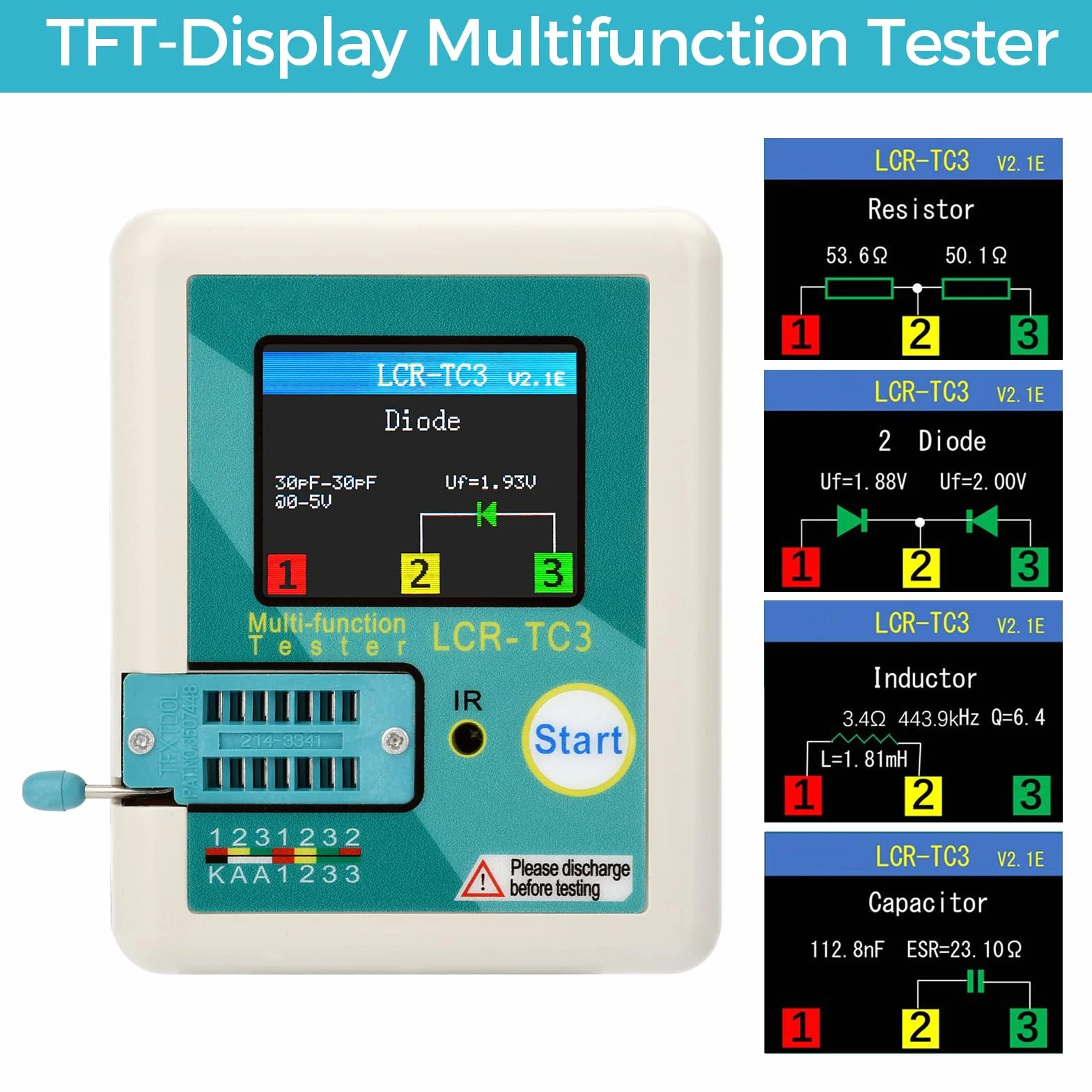 Tester Transistor LCR-T3, Transistor Multifunzione TFT con Display Grafico, Spegnimento Automatico, ESR NPN PNP MOSFET