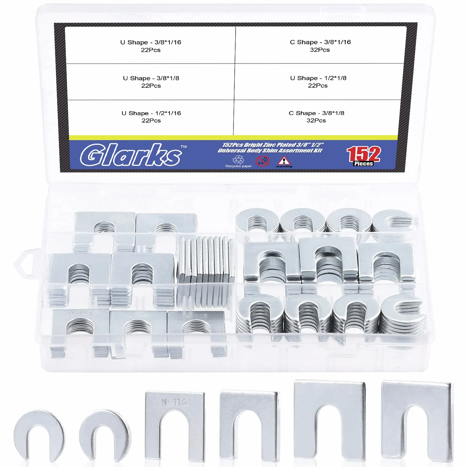 Glarks 152Pcs 3/8 "1/2" Kit universale per spessori del corpo, spessore universale del corpo per allineamento automatico per regolare parti del corpo o allineamento del camber