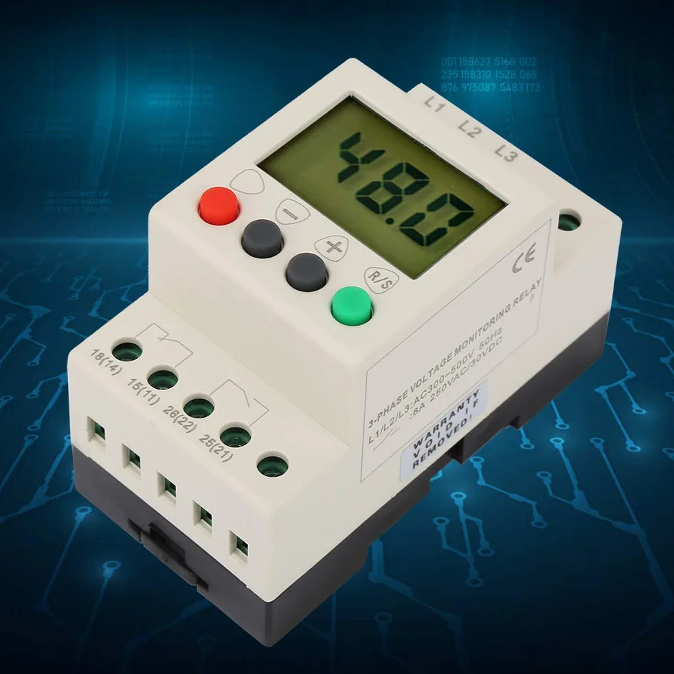 Relè di Monitoraggio Trifase 380V AC 50Hz, Relè di Protezione Sequenza e Tensione, Display Digitale per Sovratensione, Sottotensione e Tensione Squilibrata, per Installazioni Elettriche Trifase