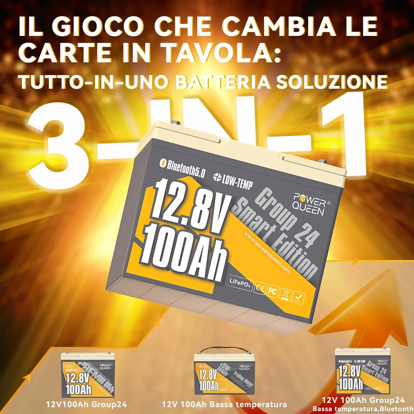 Power Queen 12V100Ah Bluetooth Gruppo24 Batteria al litio LiFePO4,Protezione dalle Bassa Temperatura con 100A BMS, Energia 1280Wh,15000 Cicli per Rimorchio RV,Trolling motor,Barco,Solare,Fuori Rete.