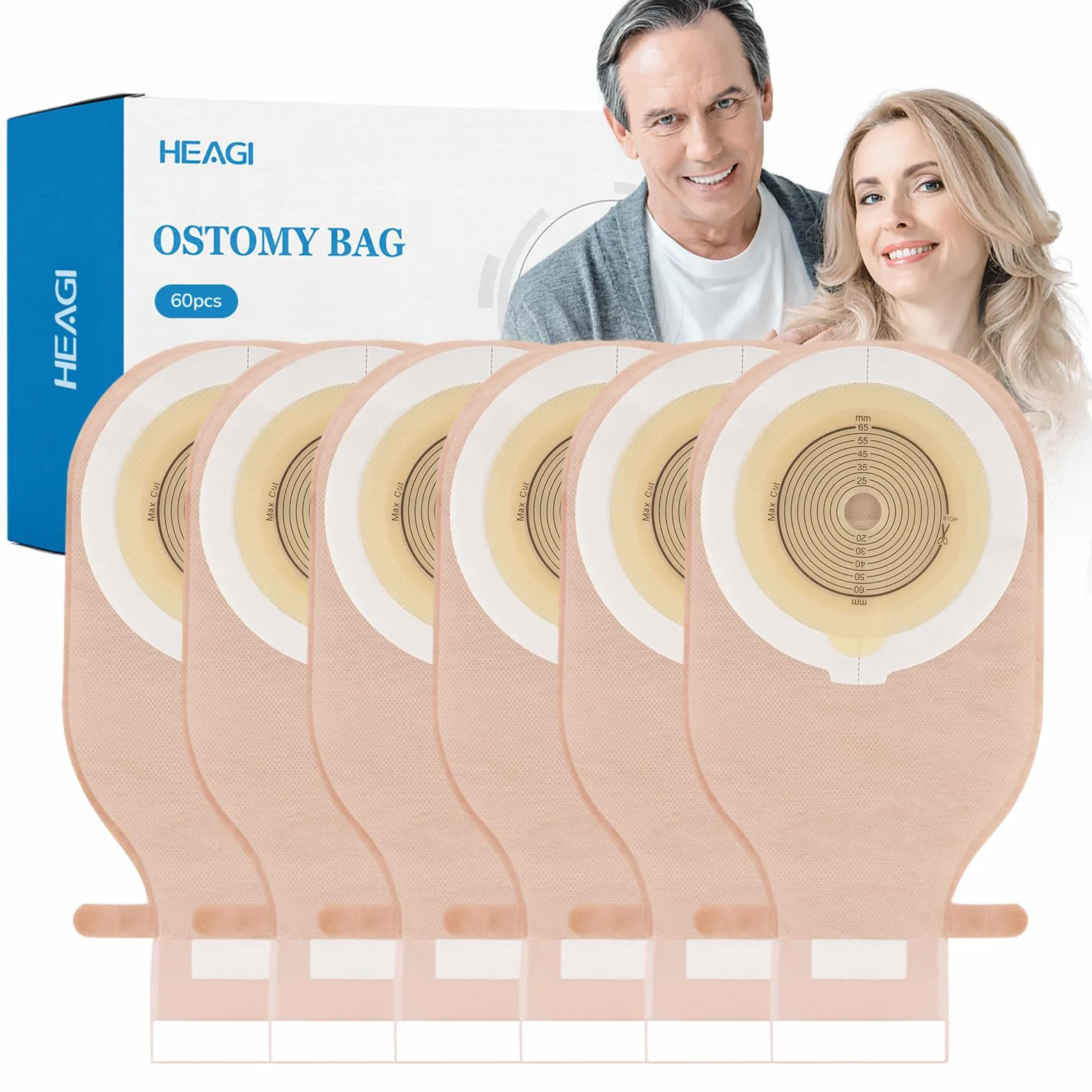 60 PCS Sacchetti per Colostomia, Forniture per Stomia, Sacchetto Drenante per Stomia Da 15 Mm-65 Mm per La Cura Dello Stoma Ileostomico, Sacchetti per Stomia Con Gancio E Anello, Tagliati Su Misura