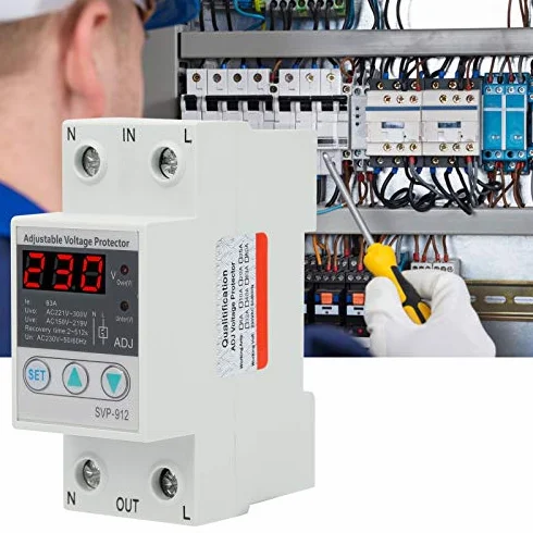 Relè di Protezione Tensione 230V SVP-912, 63A, Regolabile Sovra/Sotto Tensione, con Voltmetro, Recupero Automatico, per Reti 50Hz