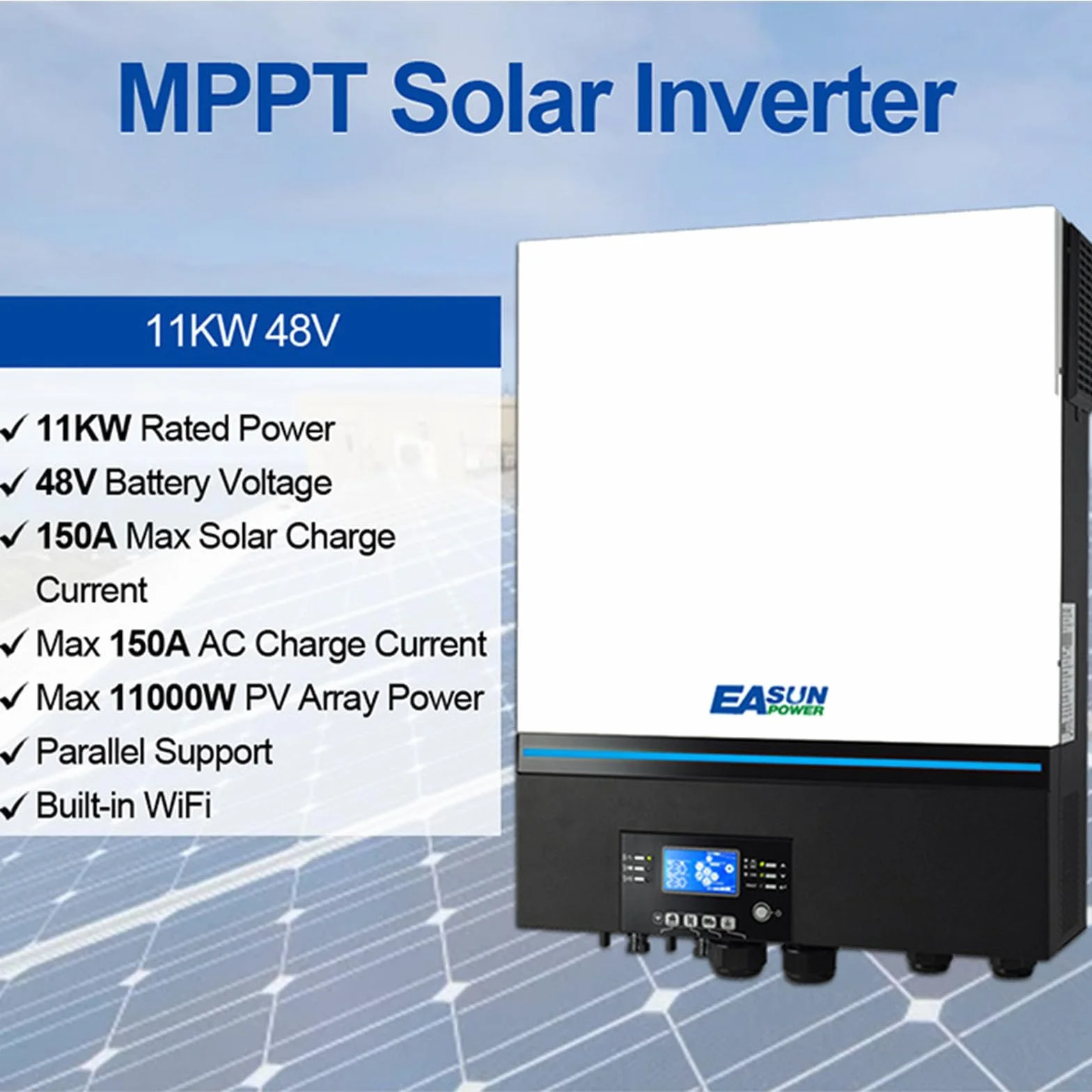 POWLAND Inverter ibrido da 11KW 48V, 2 MPPT, inverter indipendente dalla rete, funziona senza batteria, 150A Corrente di carica, Supporto parallelo, Doppia uscita 230v AC, FV 90-450Vdc, WiFi integrato