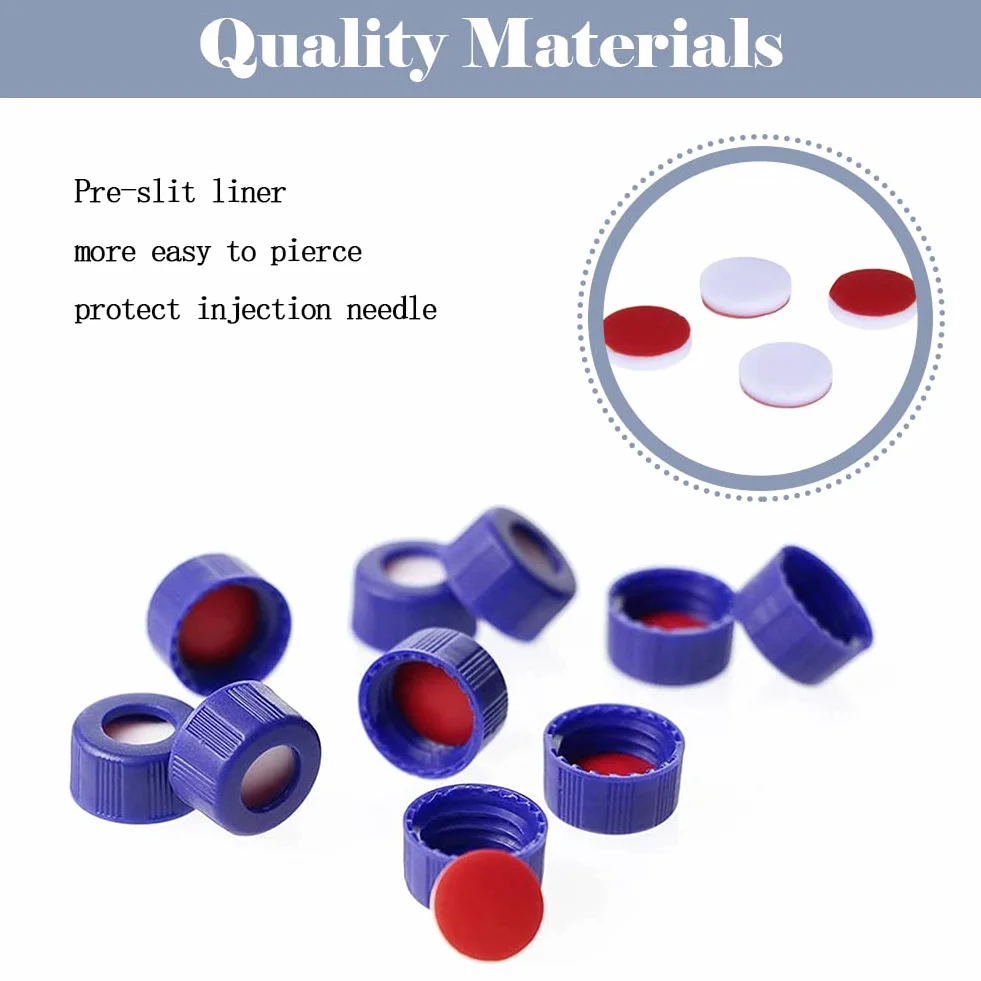 ALWSCI Tappo per Fiale Per Autocampionatore 9-425, Tappi a Vite In Polipropilene Blu da 9 Mm Con Setti In PTFE Rosso/Silicone Bianco, 100 Pezzi/Pz.
