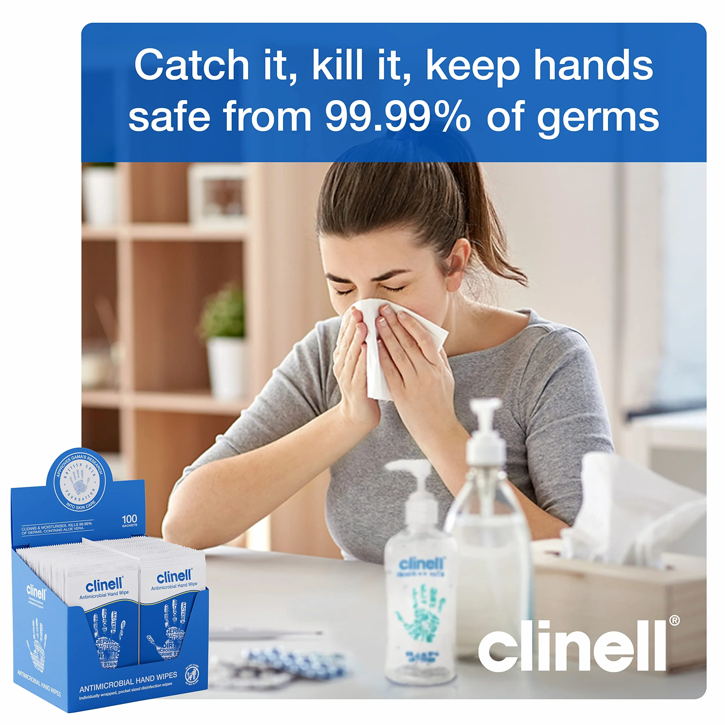 Clinell CAHW100 Salvietta antimicrobico, 100 pezzi, dermatologicamente testato
