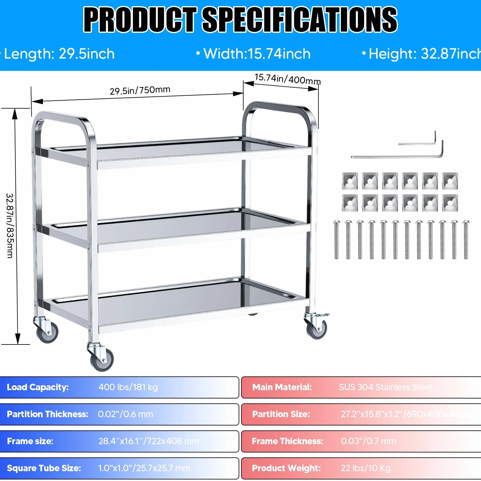 VELPAX Carrello da pranzo da cucina a 3 piani, 75x40x83,5 cm Carrello da pranzo in acciaio inox, rotolamento silenzioso per stoccaggio clinico Cucina Hotel Salone di bellezza