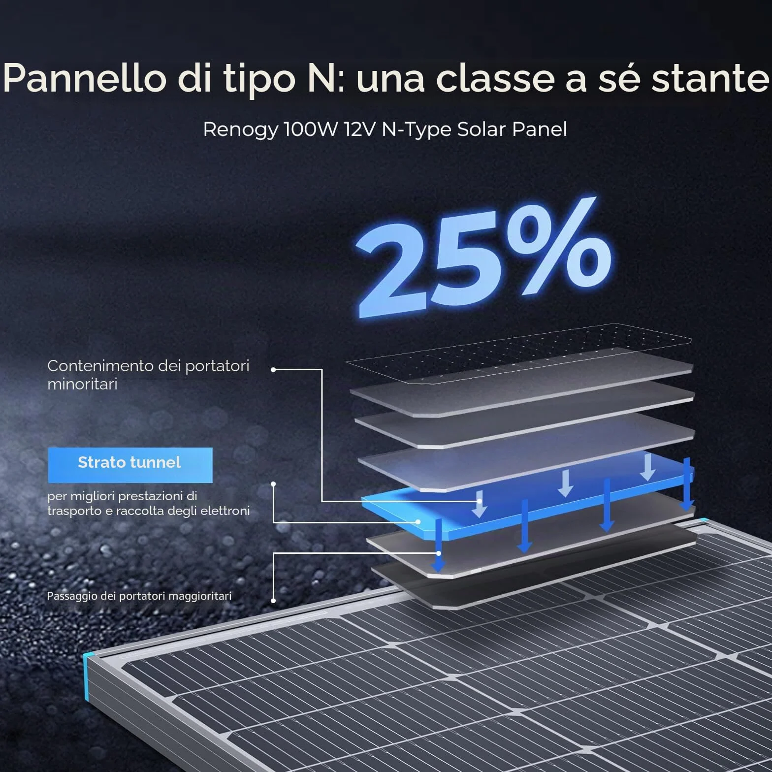 Renogy Pannello solare tipo N 16BB 100W, pannello solare 12V 100 Watt 25% ad alta efficienza, caricatore di alimentazione modulo fotovoltaico per camper, batteria agricola sul tetto marino e altre