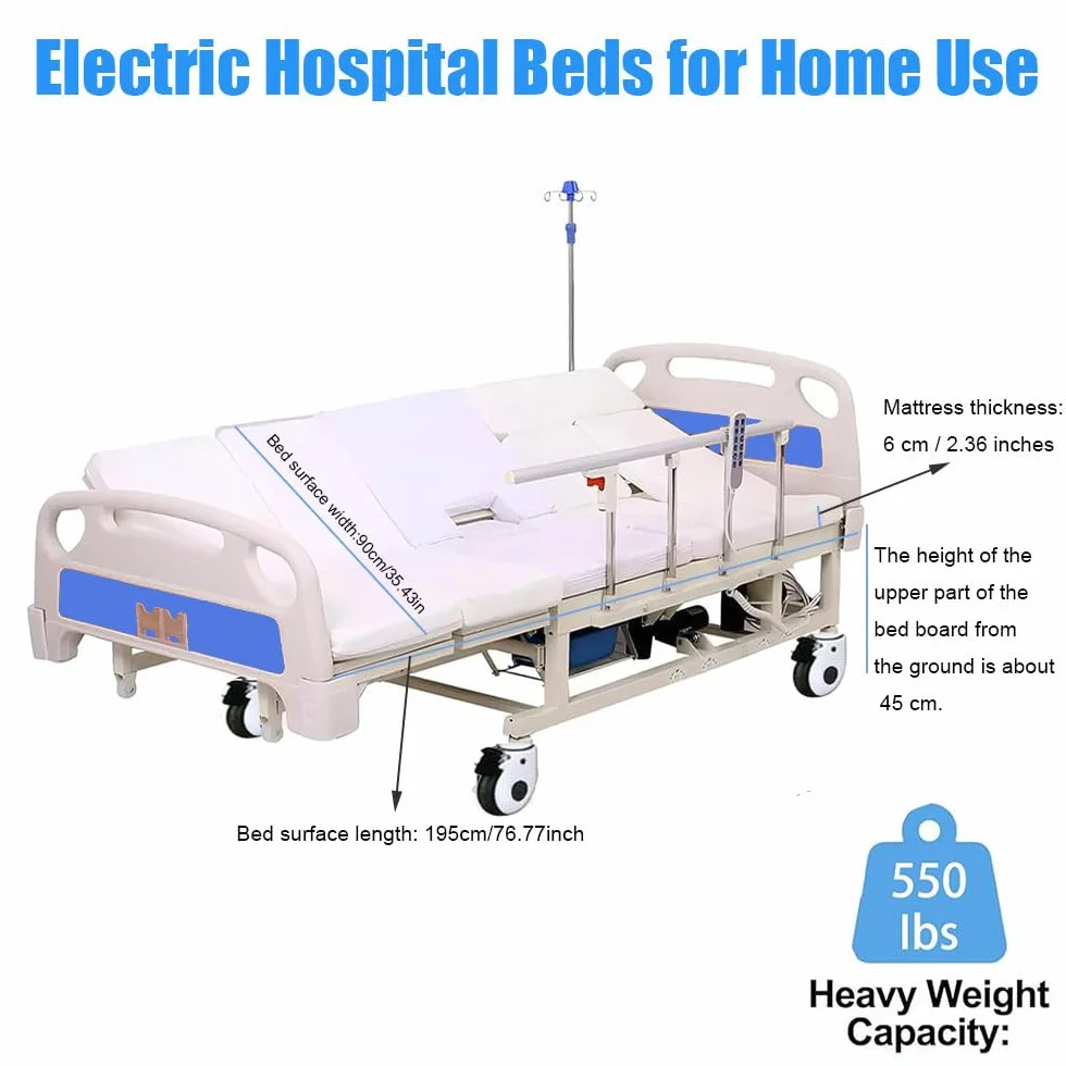 Letto ospedaliero elettrico Premium per terapia intensiva, inclinazione laterale, letto medico elettrico con materasso e asta portaflebo, tavolo da pranzo e ruote da con freno (bed)