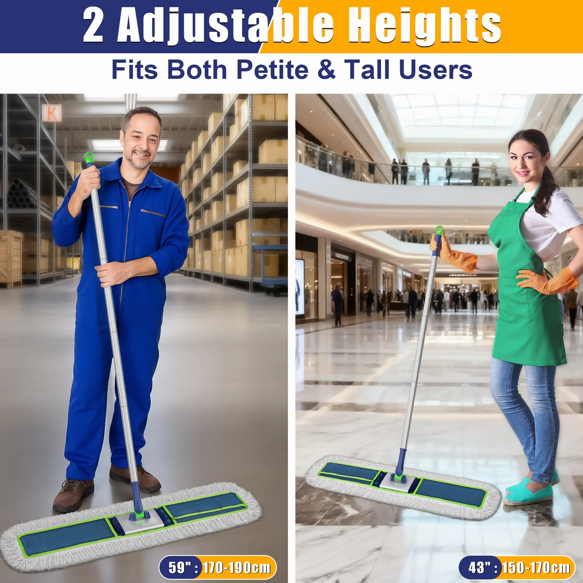Mocio industriale piatto 104 cm per pavimenti in legno duro con 2 tamponi e manico 150 cm