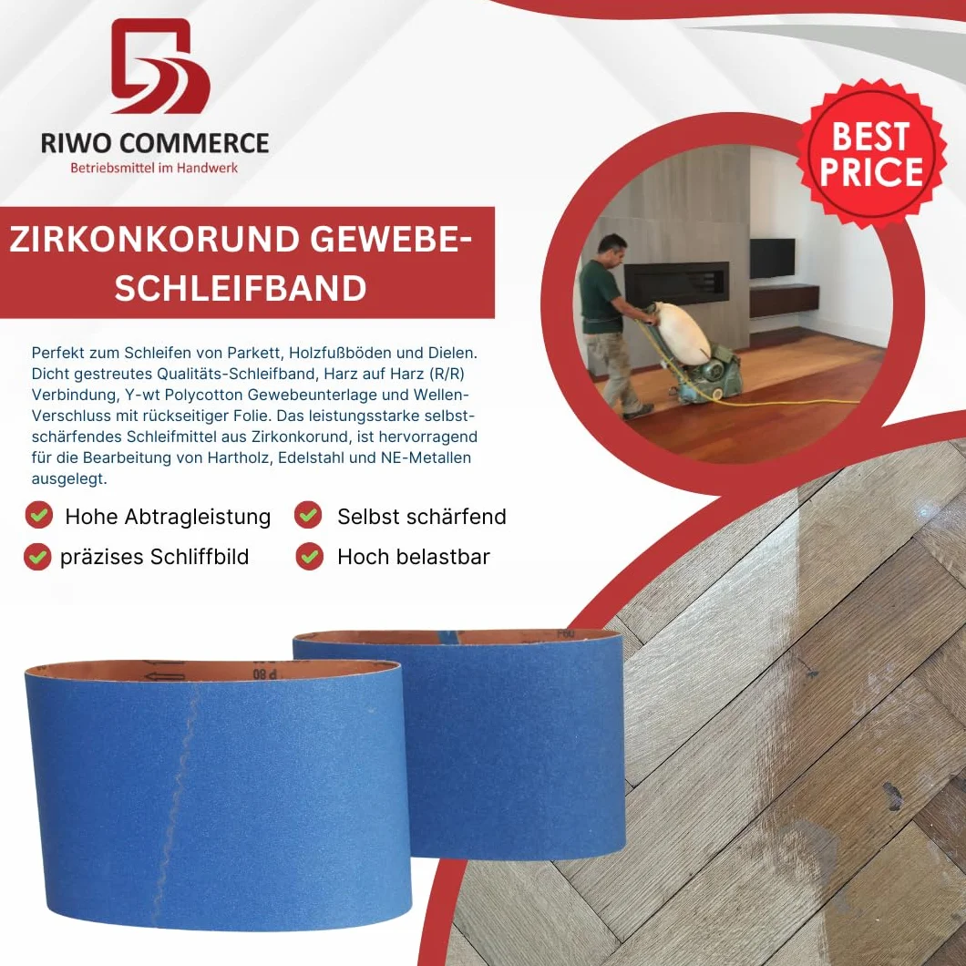 Nastro abrasivo in tessuto di zircone di alta qualità per una superficie efficiente su parquet, adatto per levigatrice a nastro, smerigliatrice – 200 x 750 mm, grana 36 (10 pezzi). Ideale per levigare