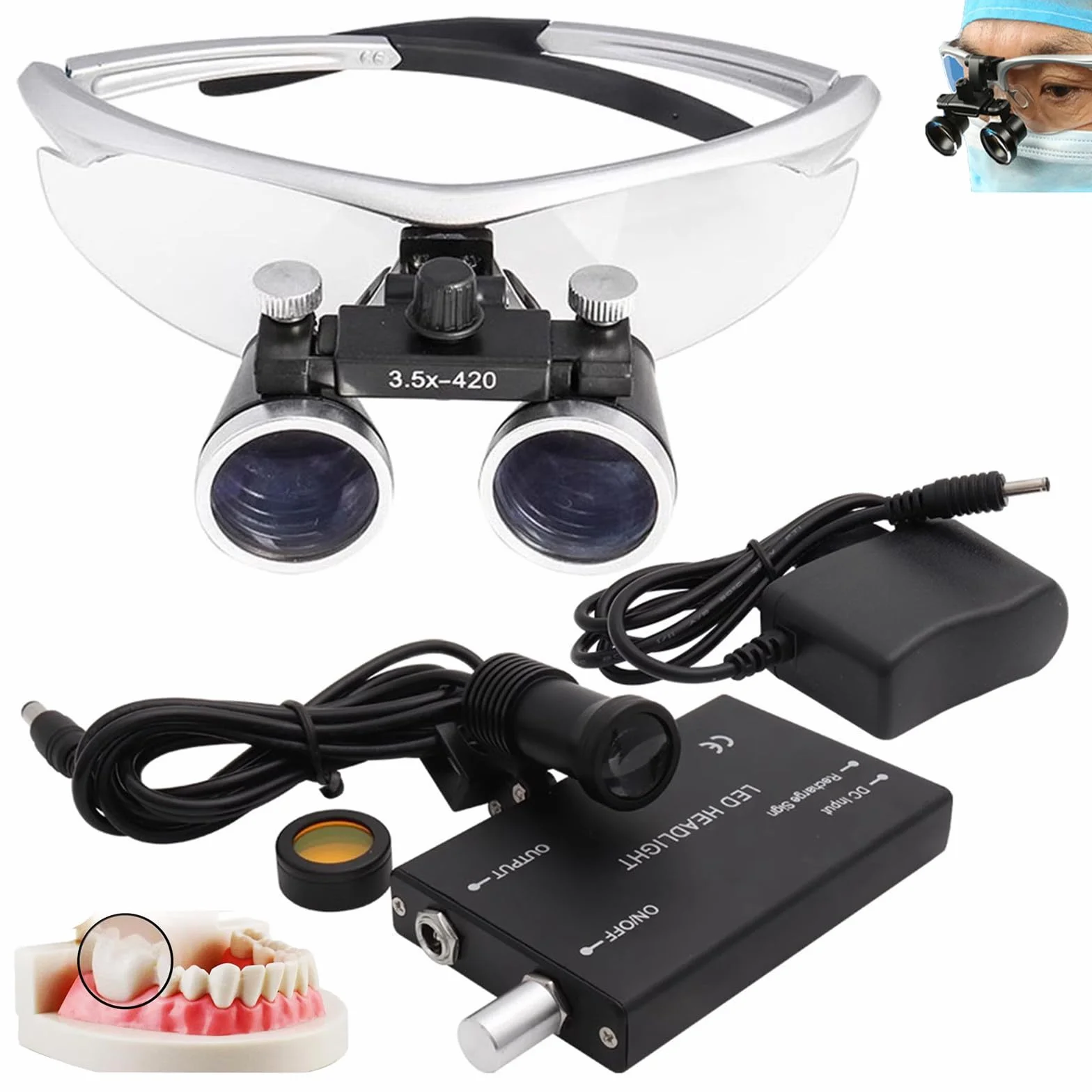 Lenti D'Ingrandimento Dentali 2,5X / 3,5X, Lenti D'Ingrandimento Binoculari Chirurgiche + Luce Frontale A Led Da 5W, Portatili Ultraleggere, Attrezzatura Da Laboratorio Per Dentista,Silver-3.5X