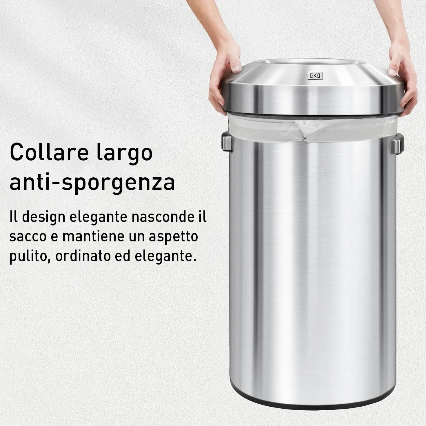 EKO Pattumiera con Coperchio Aperto, Finitura in Acciaio Inox Spazzolato, 90 Litri