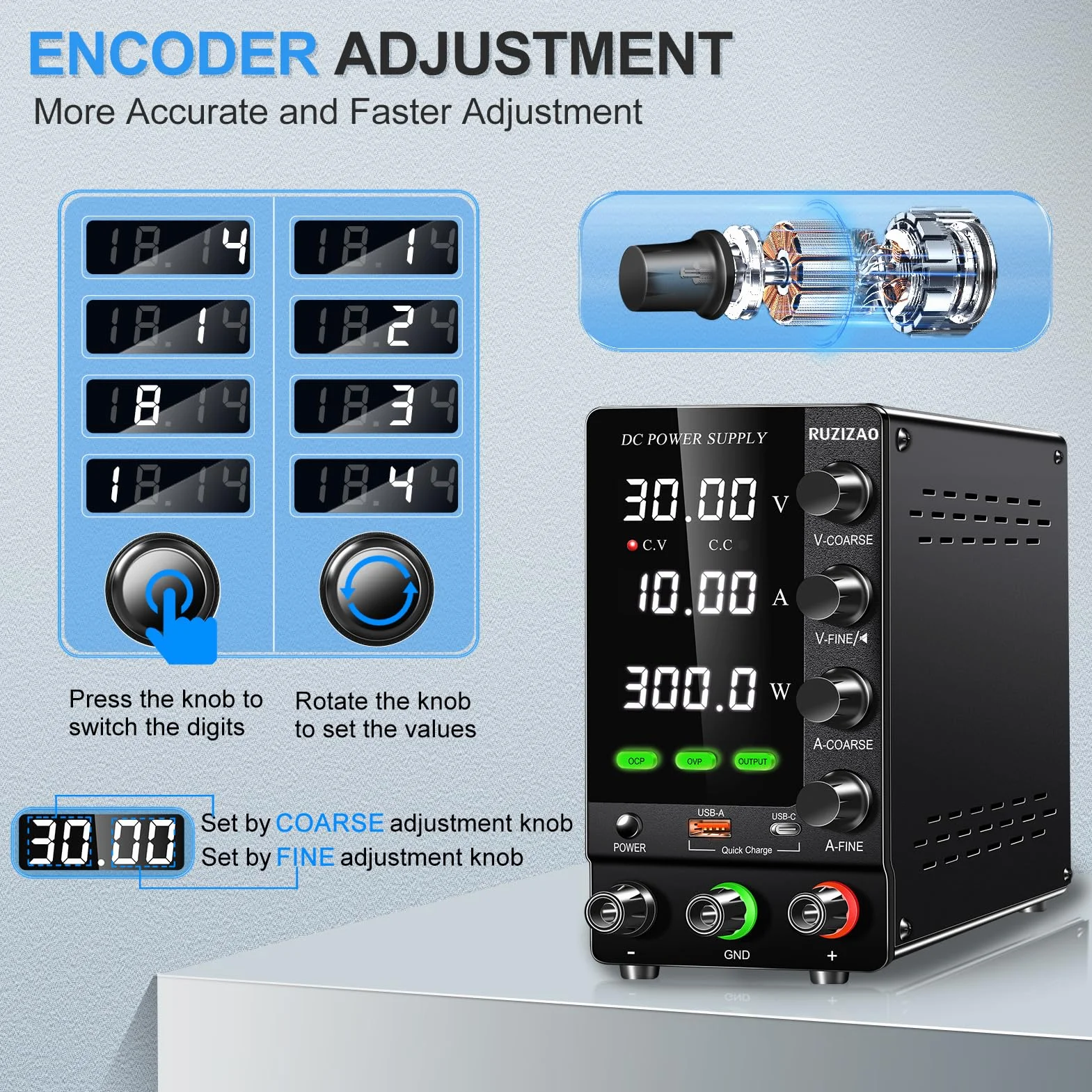 Alimentatore regolabile 30 V 10 A Alimentazione da Laboratorio con OCP/OVP/Output/Encoder/18 W USB di Ricarica Rapida, Alimentazione Banca per Test/Ricarica delle Batterie