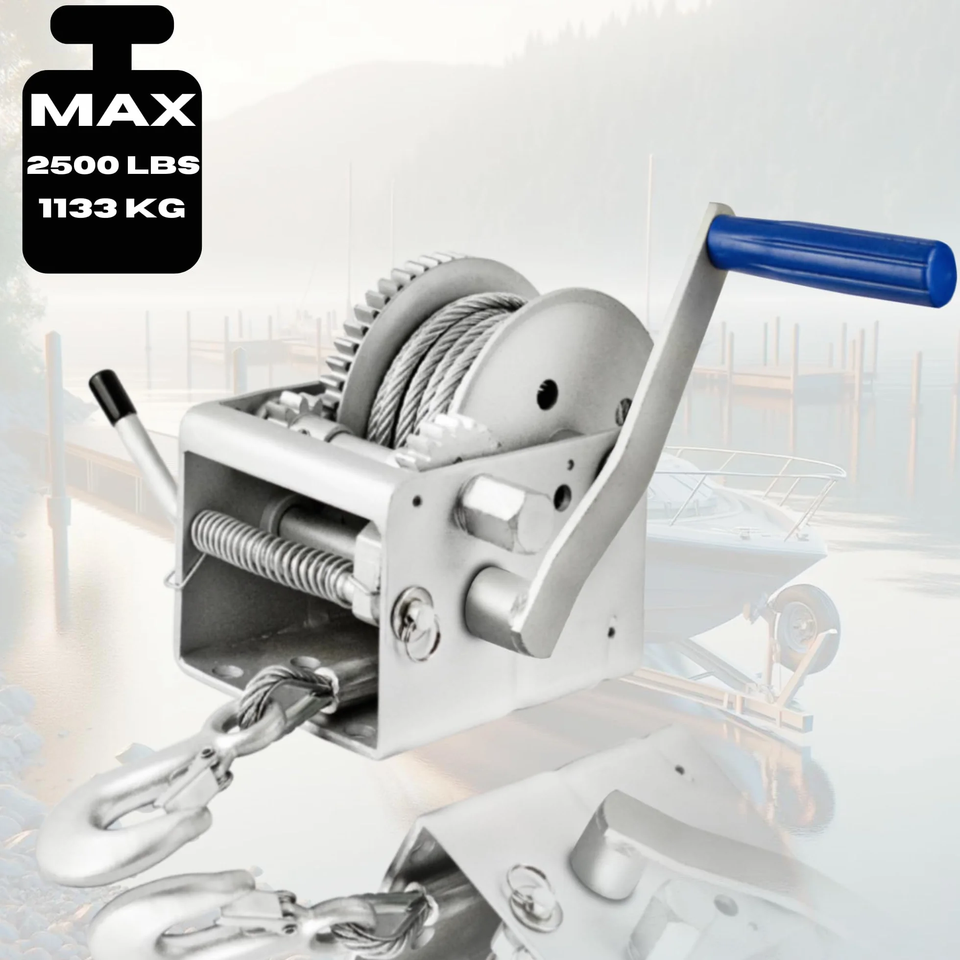 Argano Manuale da 2500 lbs | 1133 kg con Cavo in Acciaio da 10m, Realizzato in Acciaio Inossidabile,Freno a Cricchetto A Semplice Effetto- Verricello Manuale Per Barche,Rimorchi,Industria