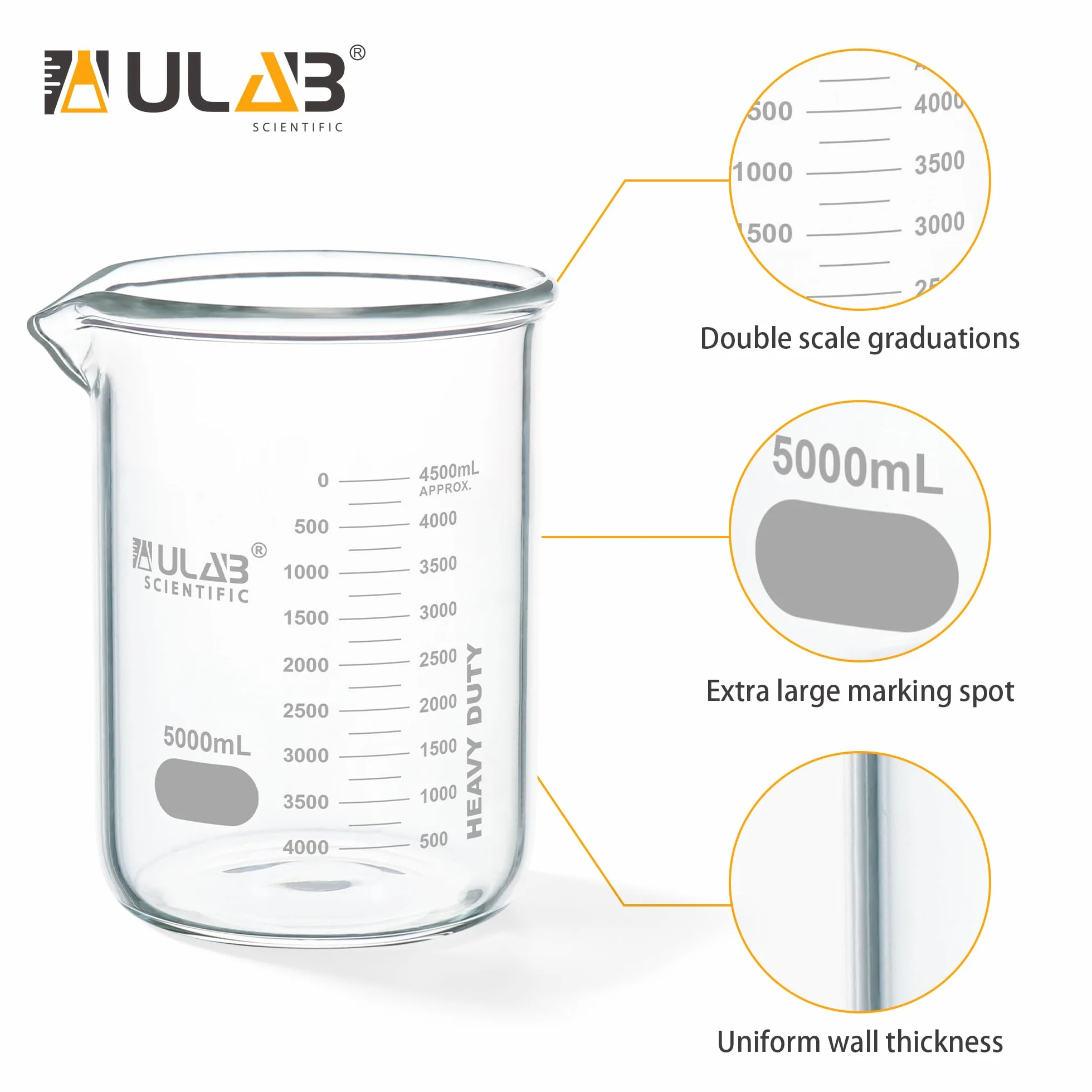 ULAB Bicchiere in vetro a bassa forma, Vol.5000ml, Vetro borosilicato 3.3, graduazione stampata, UBG1024