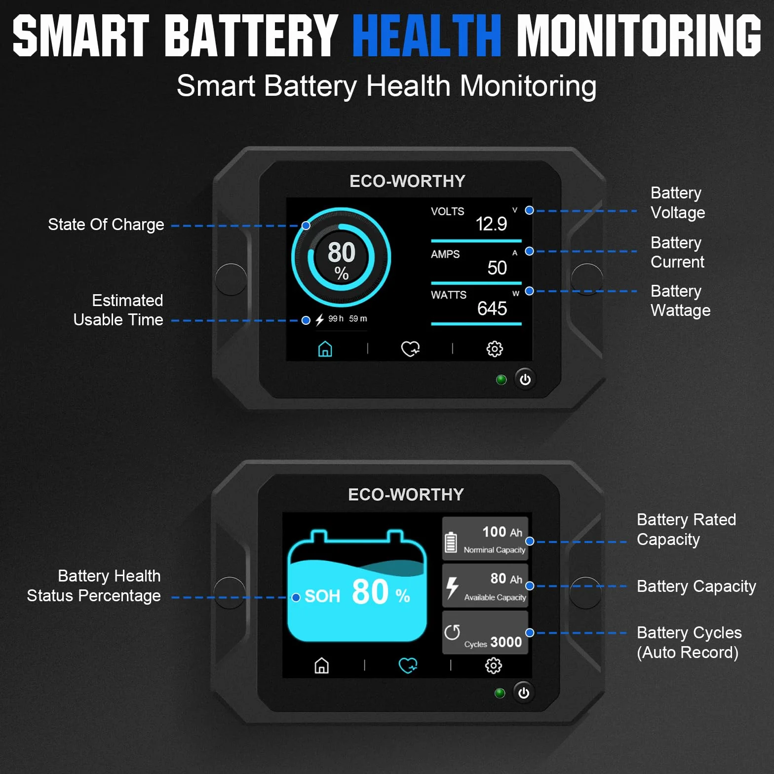 ECO-WORTHY Monitor per batteria 300A con sensore Hall, Monitor batteria 9-80V per batterie Li-ion/LiFePO4/AGM/Gel in sistema solare/carrello/camper
