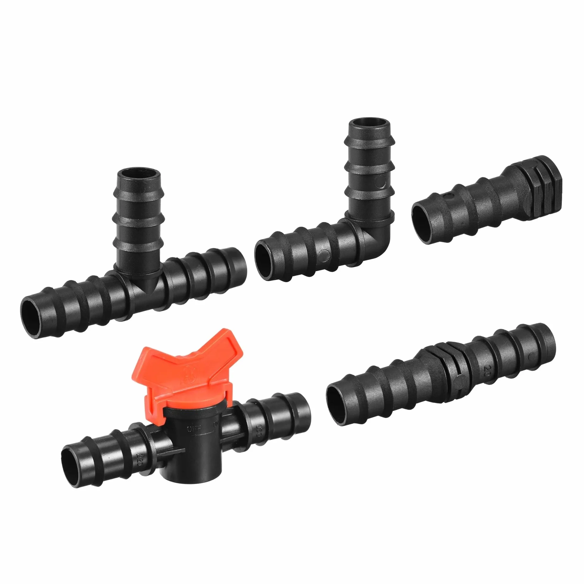 Kit di raccordi for irrigazione con innesto da 19,5 mm for tubo gocciolante da 3/4 pollici - 8 raccordi a T, 8 gomiti, 8 tappi terminali, 2 valvole a sfera