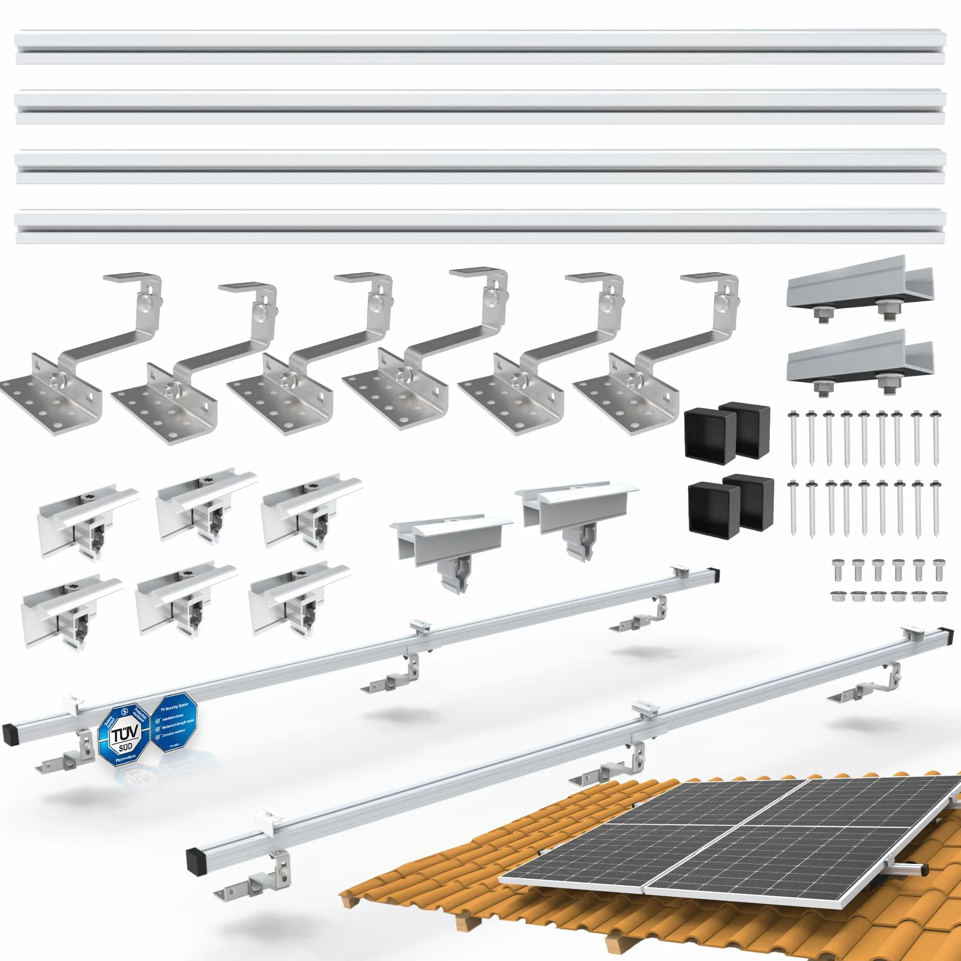 PV fotovoltaico, set da 2 pezzi di montaggio per tetto in mattoni, con profilo in alluminio solare, tappi terminali, morsetti terminali da 35 mm, larghezza fino a 115 cm per modulo e altezza 35
