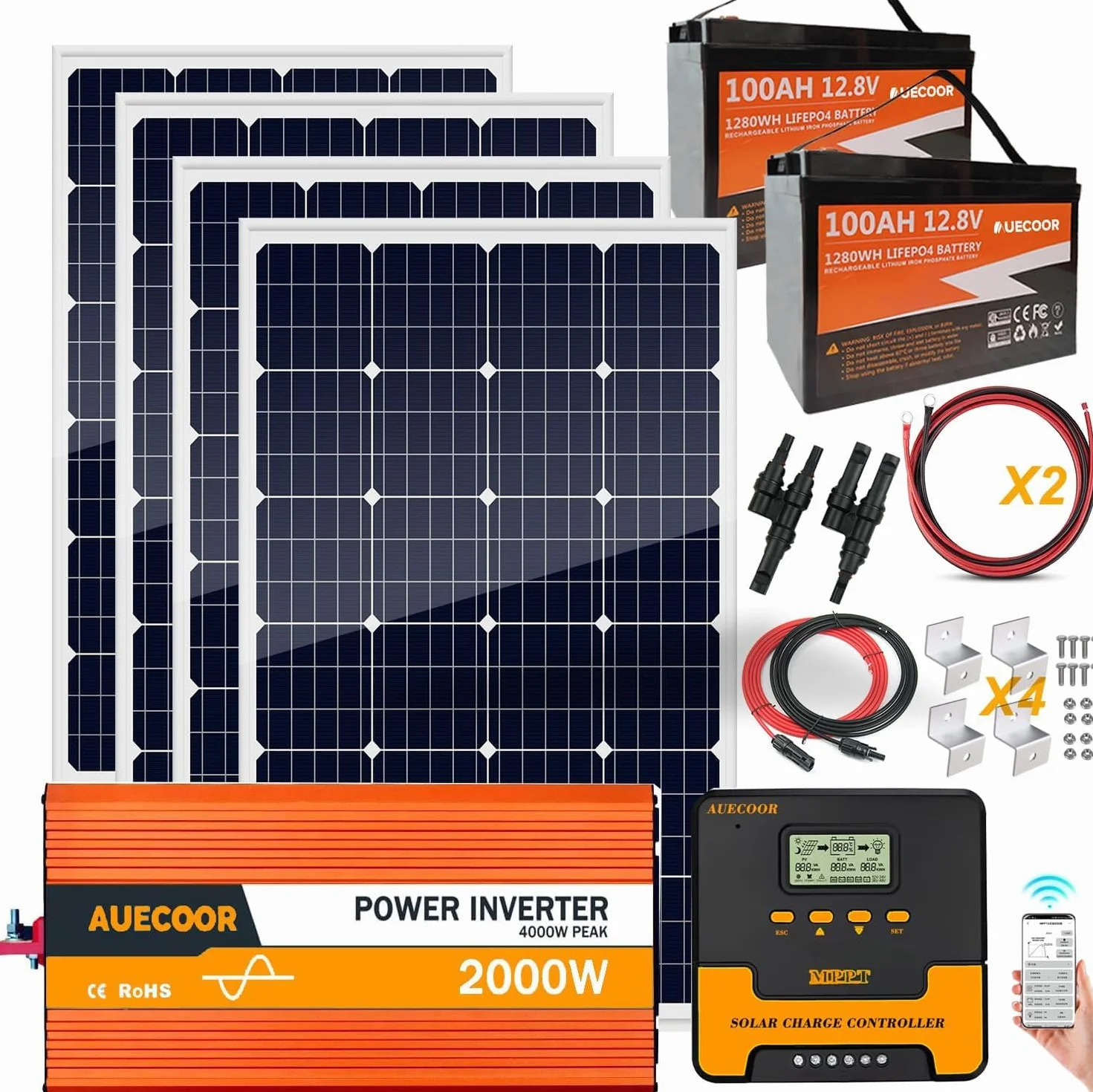 Kit completo di pannello solare da 1,92 kWh per sistema solare off-grid per camper | 2 batterie LiFePO4 al litio da 100 Ah | 4 pannelli solari mono rigidi da 120 W | Inverter di potenza da 2000 W |