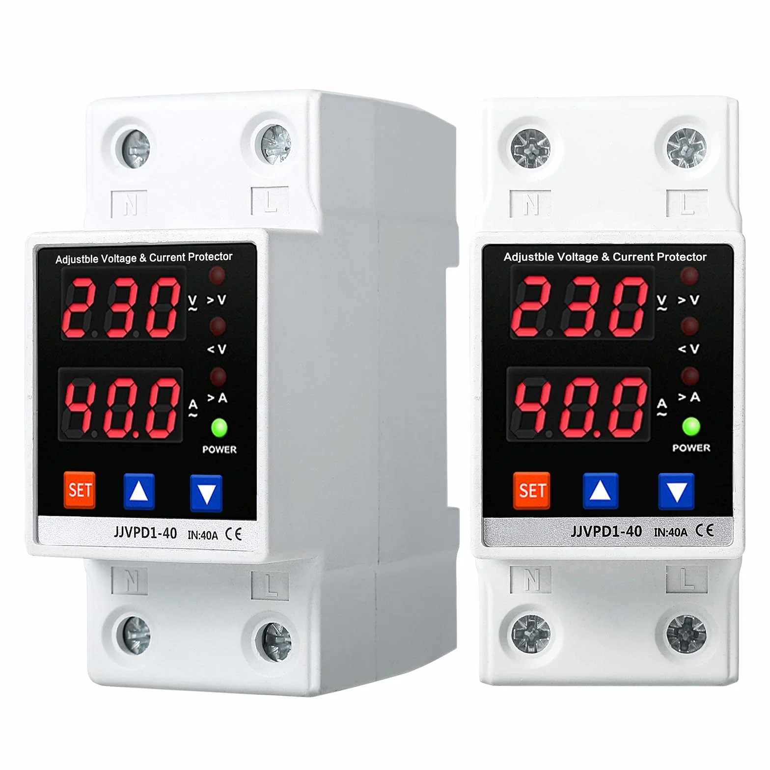 Jadeshay Regolatore di tensione,1 PC AC220V 40A Protezione Corrente di Tensione Dispositivo di Protezione da Sovratensione e Sottotensione,Relè di ripristino Regolabile Intelligente Doppio Display LED