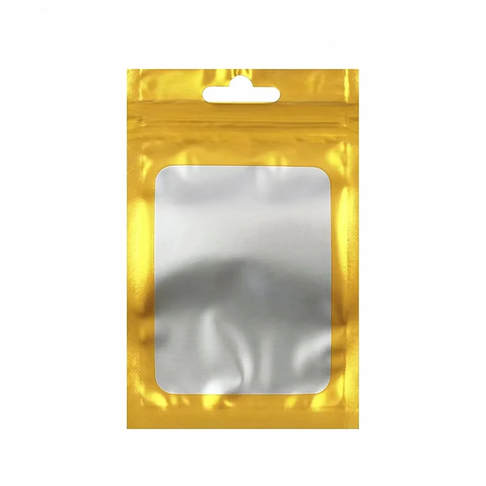 Sacchetti Mylar, sacchetti richiudibili, 100 pezzi di sacchetti di alluminio colorati con chiusura a zip, foro for appendere, finestra trasparente opaca, chiusura lampo autoadesiva(Gold,20X30CM-OTHER)