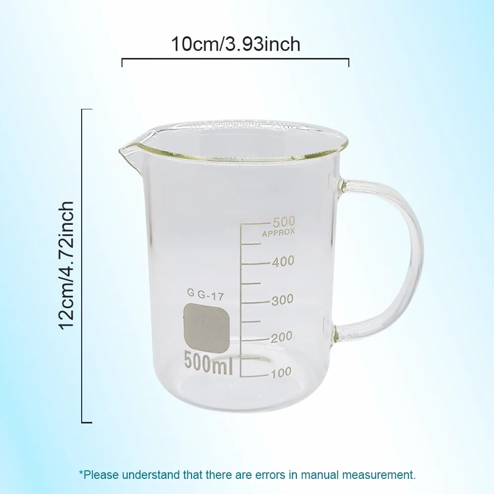 1 becher da laboratorio in vetro borosilicato da 50 ml, 100 ml, 250 ml, 500 ml, 1000 ml con manico, per misurare la bilancia e le attrezzature da laboratorio (500 ml)