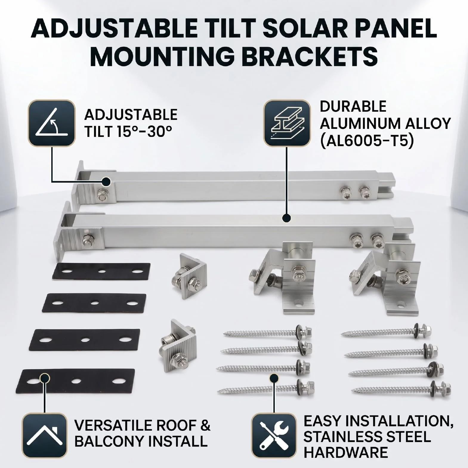 Generic Staffa di Montaggio per Pannello Solare Supporto Regolabile in Lega di Alluminio Durevole per Tetto del Balcone 2 Set di Inclinazione da 15 a 30 Gradi