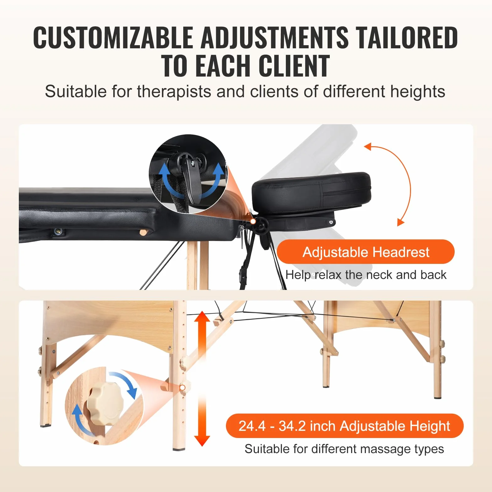 VEVOR Lettino da Massaggio Portatile, Lettino Tatuaggi Salone Pieghevole Leggero Altezza Regolabile 8 Livelli, Lettino Spa, Poggiatesta, Braccioli, Tavolozza, Trasporto Borsa, 700 mm, Portata 272 kg