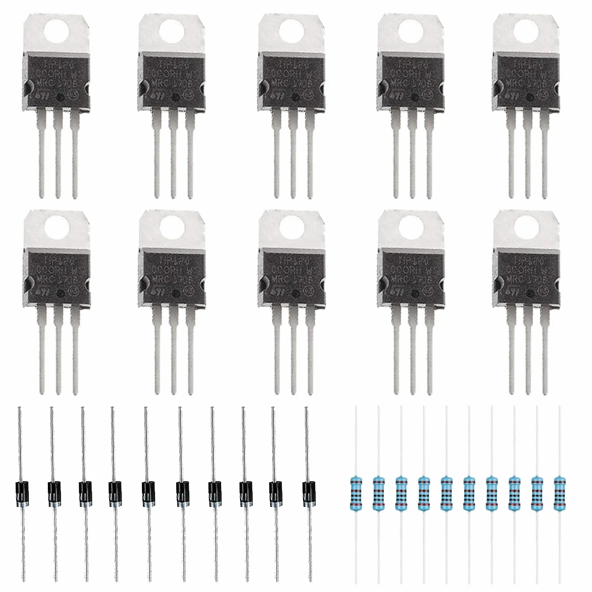 30pcs TIP120 60V 5A NPN Darlington Transistor di potenza bipolare TO-220 3Pin per Arduino con resistenze da 2,2k Ohm, DIODO 1N4001