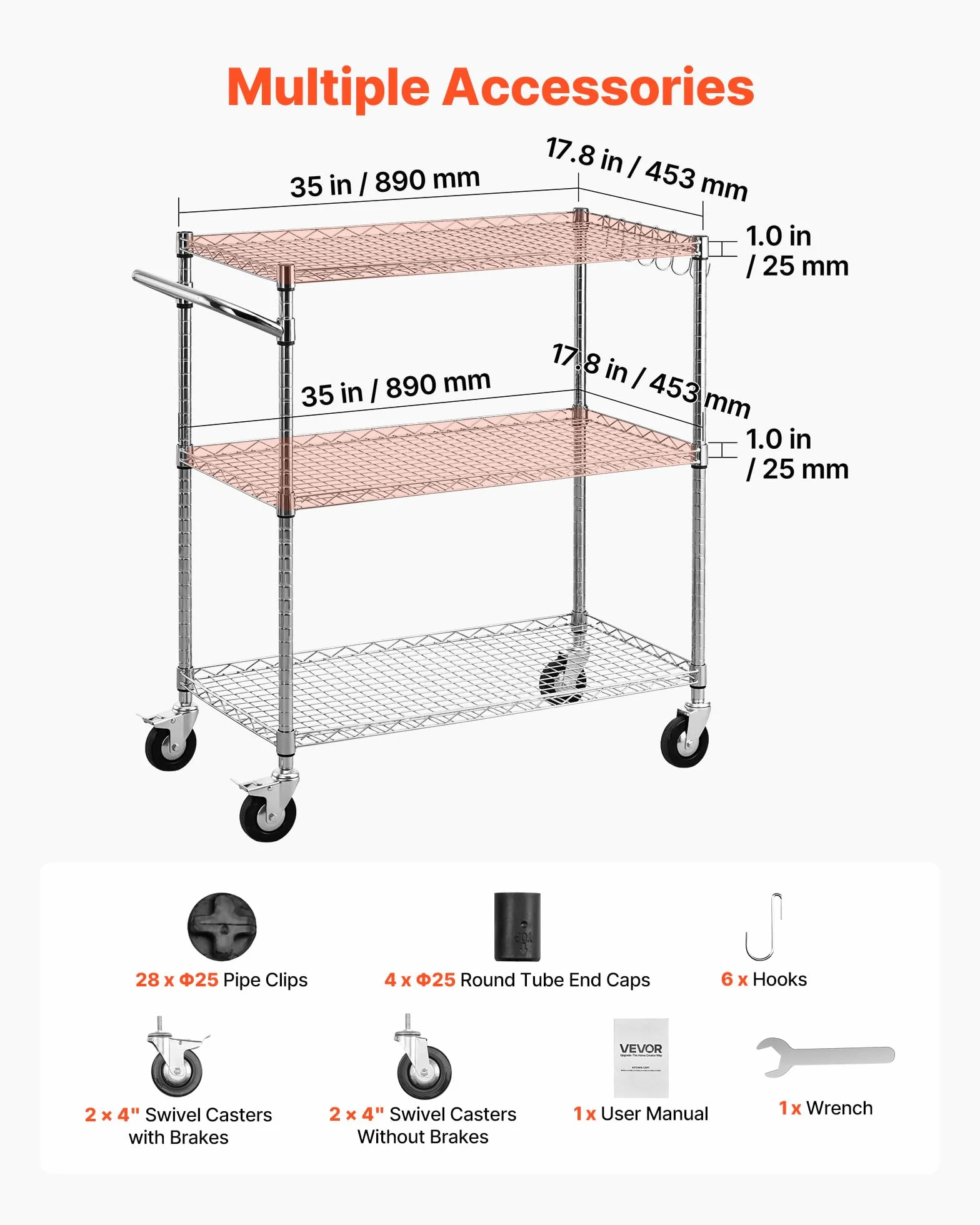 VEVOR Carrello da Servizio da Cucina 3 Ripiani, Carrellino di Servizio Carico max 300 kg con Ruote Ripiani in Filo Metallico Altezza Regolabile in Metallo, Carrello Portaoggetti da Garage Cucina