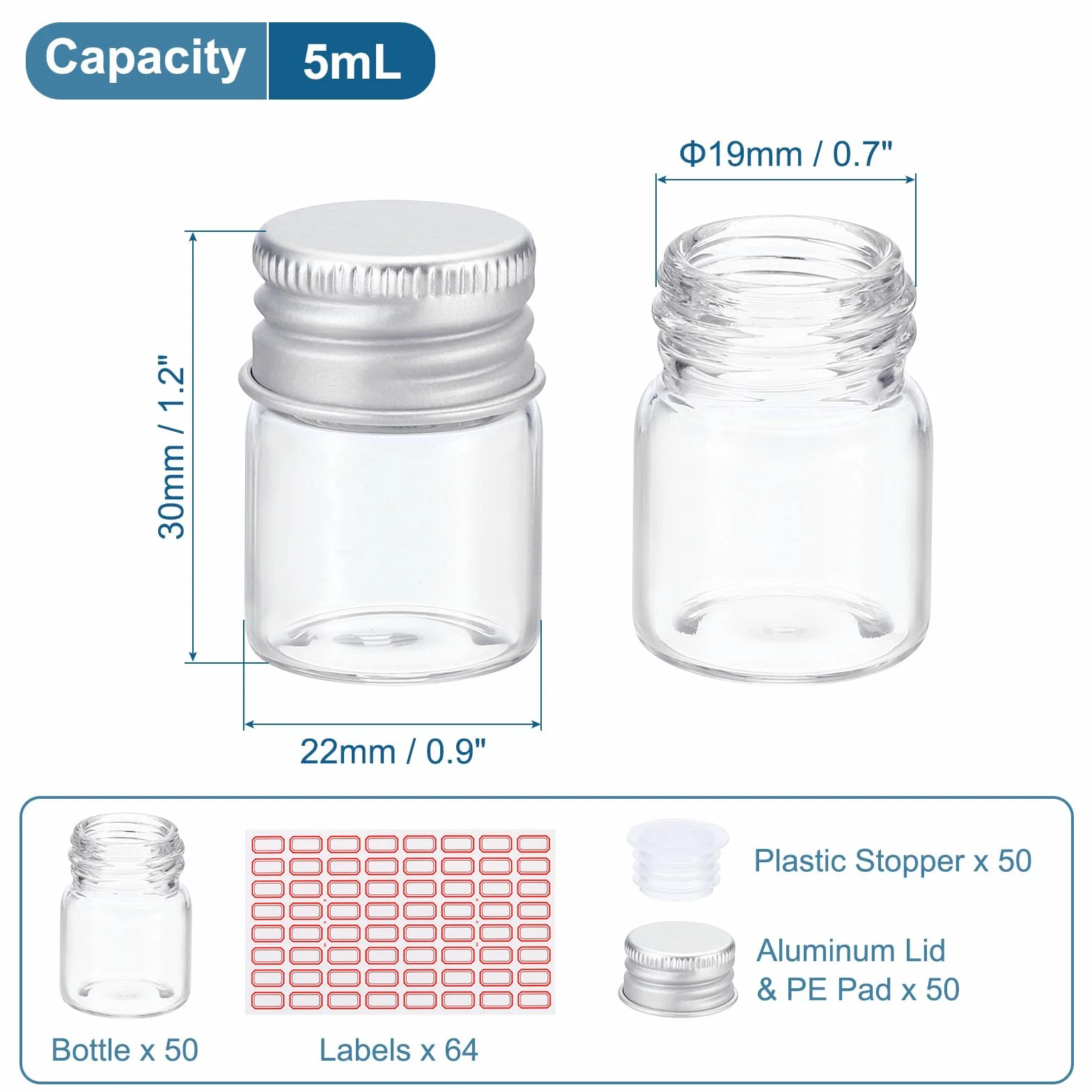 PATIKIL 5ml Fiale Vetro Trasparente, 50pz Piccola Fiala Modello Liquido con Tappi Vite Plastica Fermi e 64 Etichette Bottiglie Anti Perdita Barattoli Vuoti