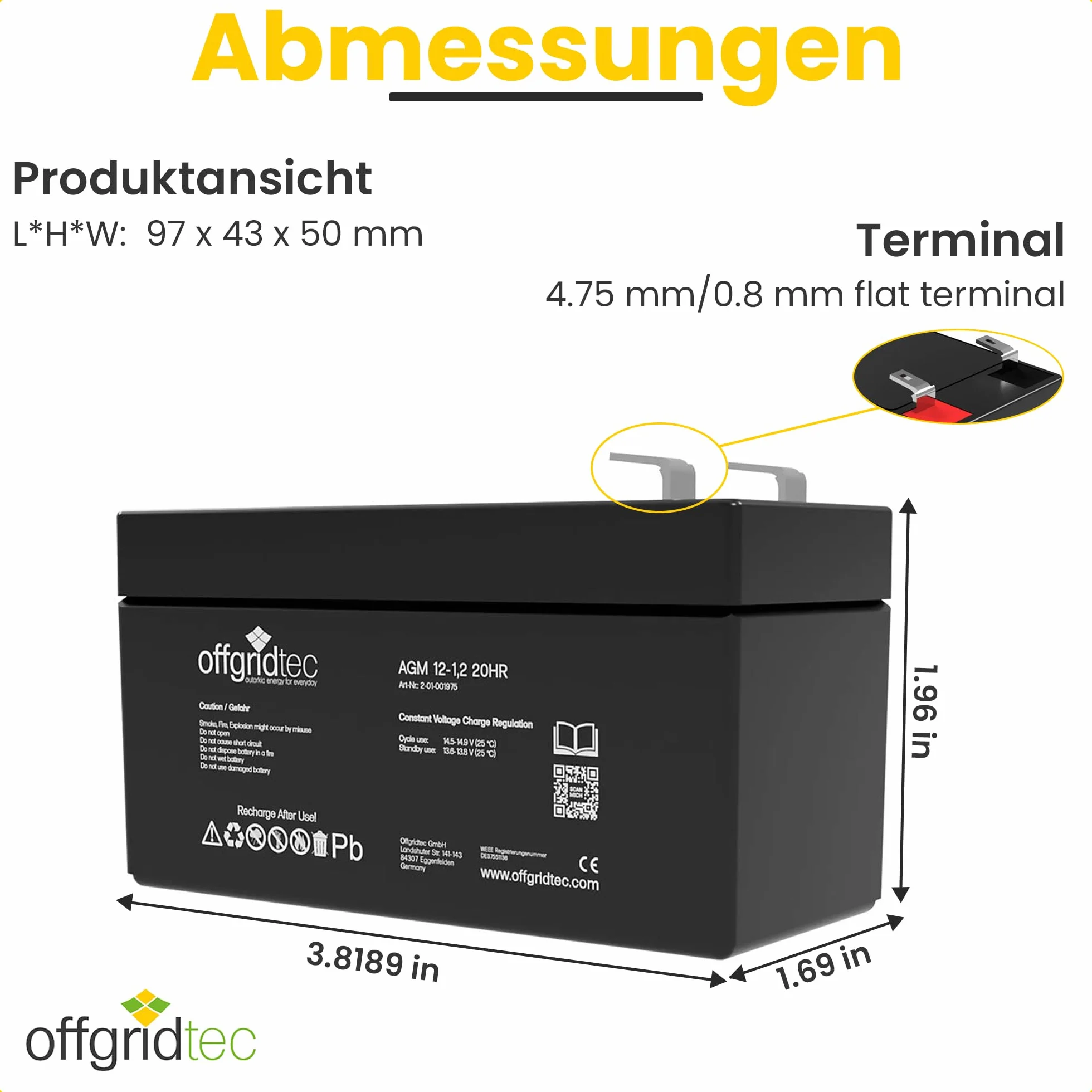 Offgridtec Agm Batteria Solare Estremamente Zyklenfest 1,2 Ah 20 Stuende 12 V, 2 – 01 – 001975