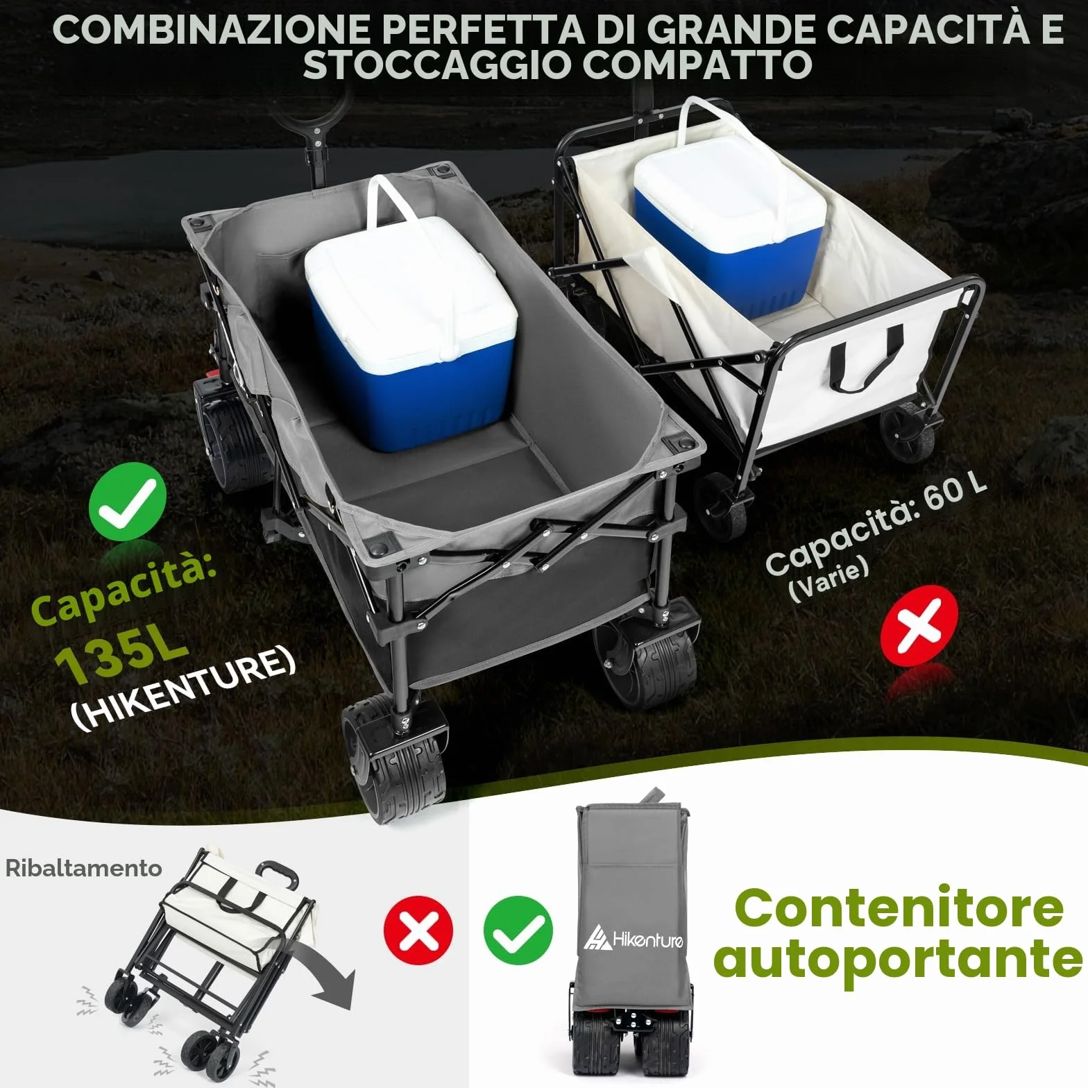 HIKENTURE - Carrellino pieghevole da 135 l, portata: 150 kg, con pneumatici larghi, con freni, carrello per la spesa, colore nero e grigio