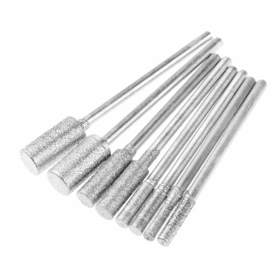 8 pezzi diamante taglio rettifica testa punte montate bit 2,35 mm gambo giada intaglio pietra lucidatura per utensile rotante, come mostrato
