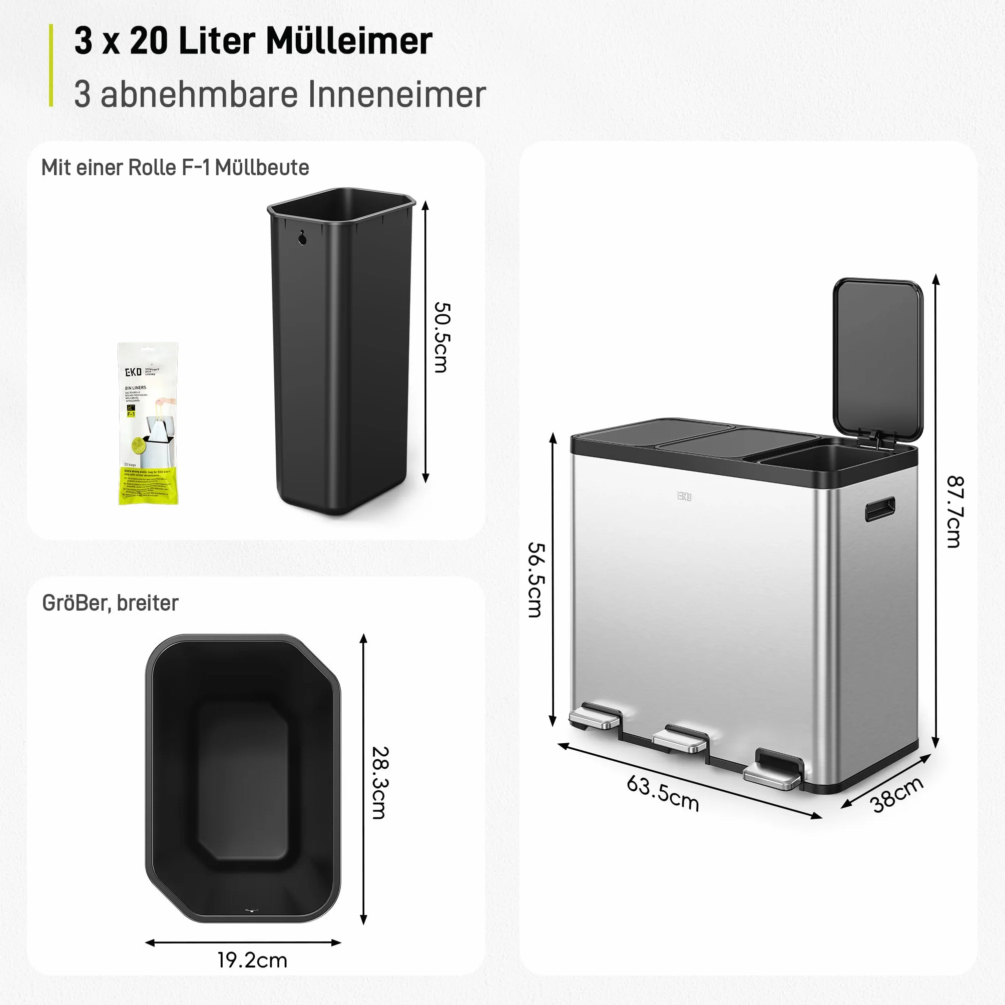 EKO Essential - Pattumiera a 3 scomparti, 3 x 20 litri, sistema di raccolta differenziata, con 20 sacchi della spazzatura, con coperchio, chiusura delicata e ermetica, in acciaio inox spazzolato