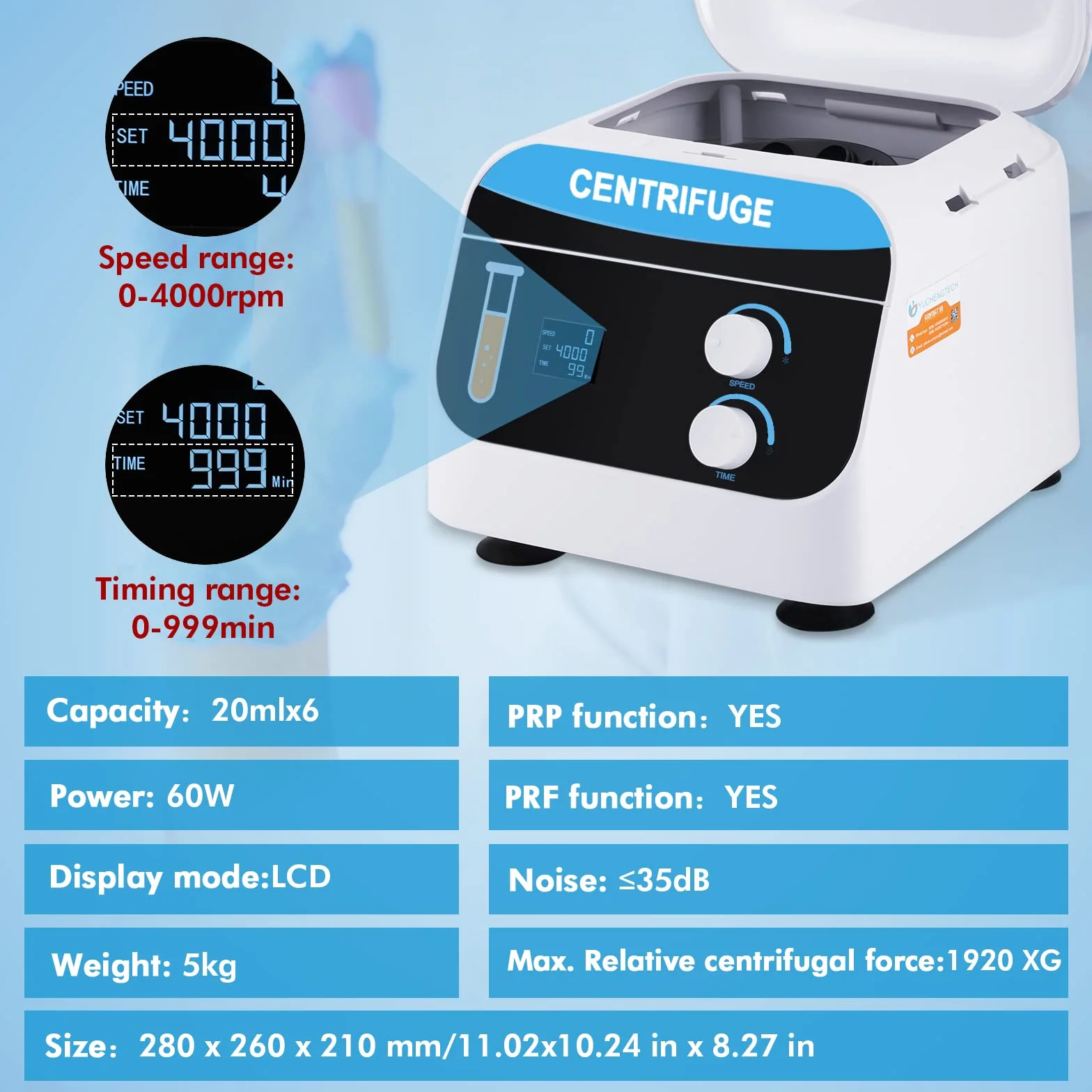 YUCHENGTECH Centrifuga da Laboratorio Digitale da Tavolo Centrifuga a BassaVelocità 20mlx6 4000 Giri/min 0-999 Min Tempi 1920XG per Provette da Centrifuga 5/7/10ml, 28x26x21cm 5kg