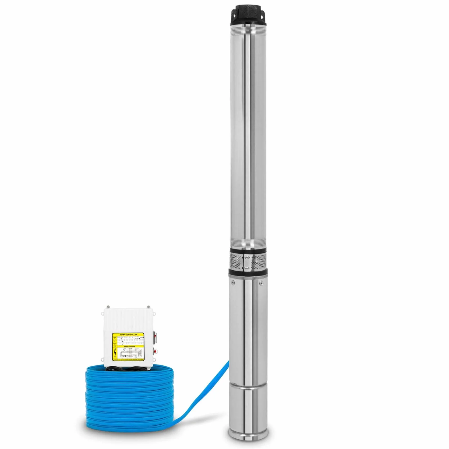 EBERTH Pompa Sommersa per Pozzi Profondi 4" in Acciaio Inossidabile - 1100W, Diametro 10cm, Cavo 20m, Prevalenza Max. 74m, Con Filtro