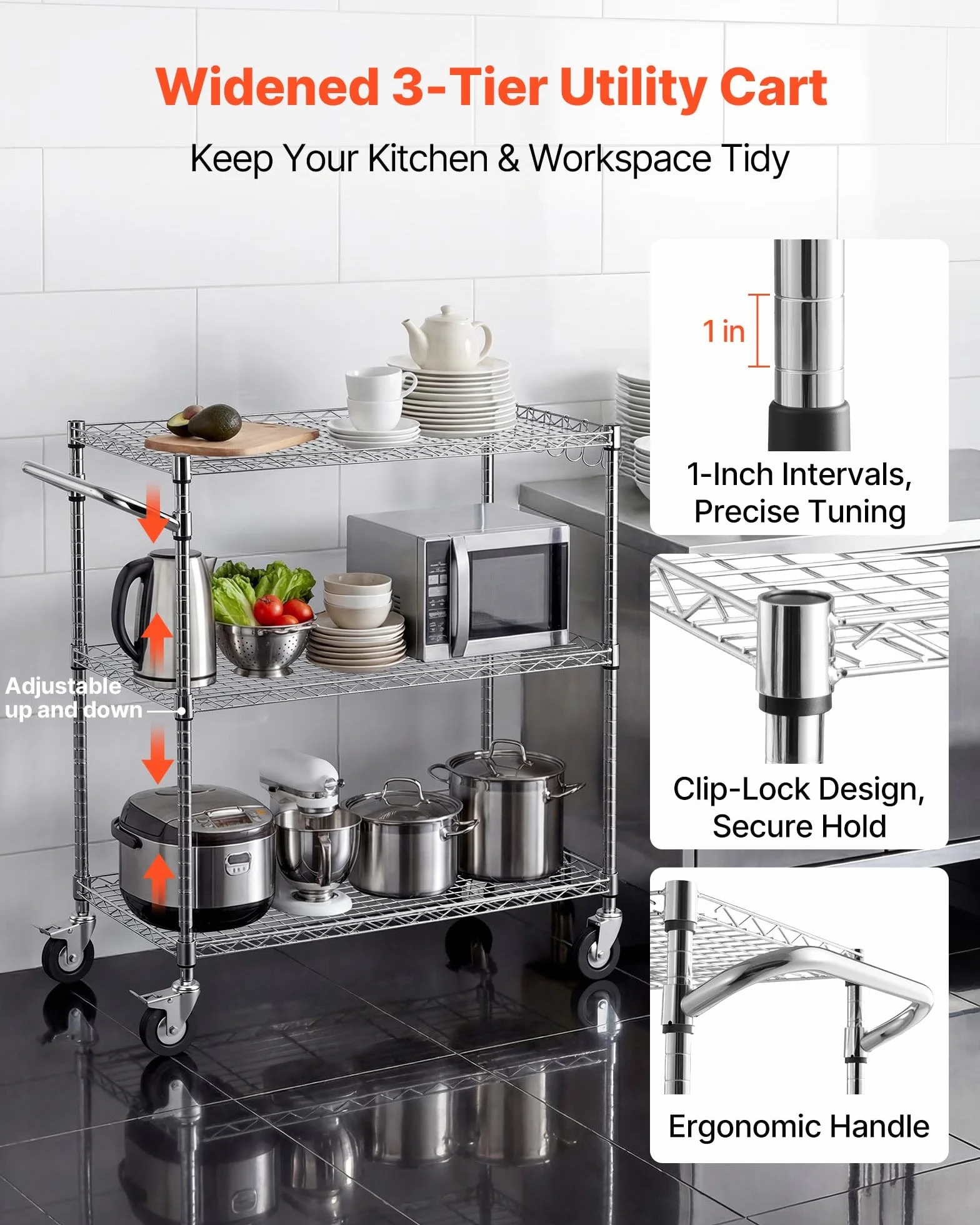 VEVOR Carrello da Servizio da Cucina 3 Ripiani, Carrellino di Servizio Carico max 300 kg con Ruote Ripiani in Filo Metallico Altezza Regolabile in Metallo, Carrello Portaoggetti da Garage Cucina