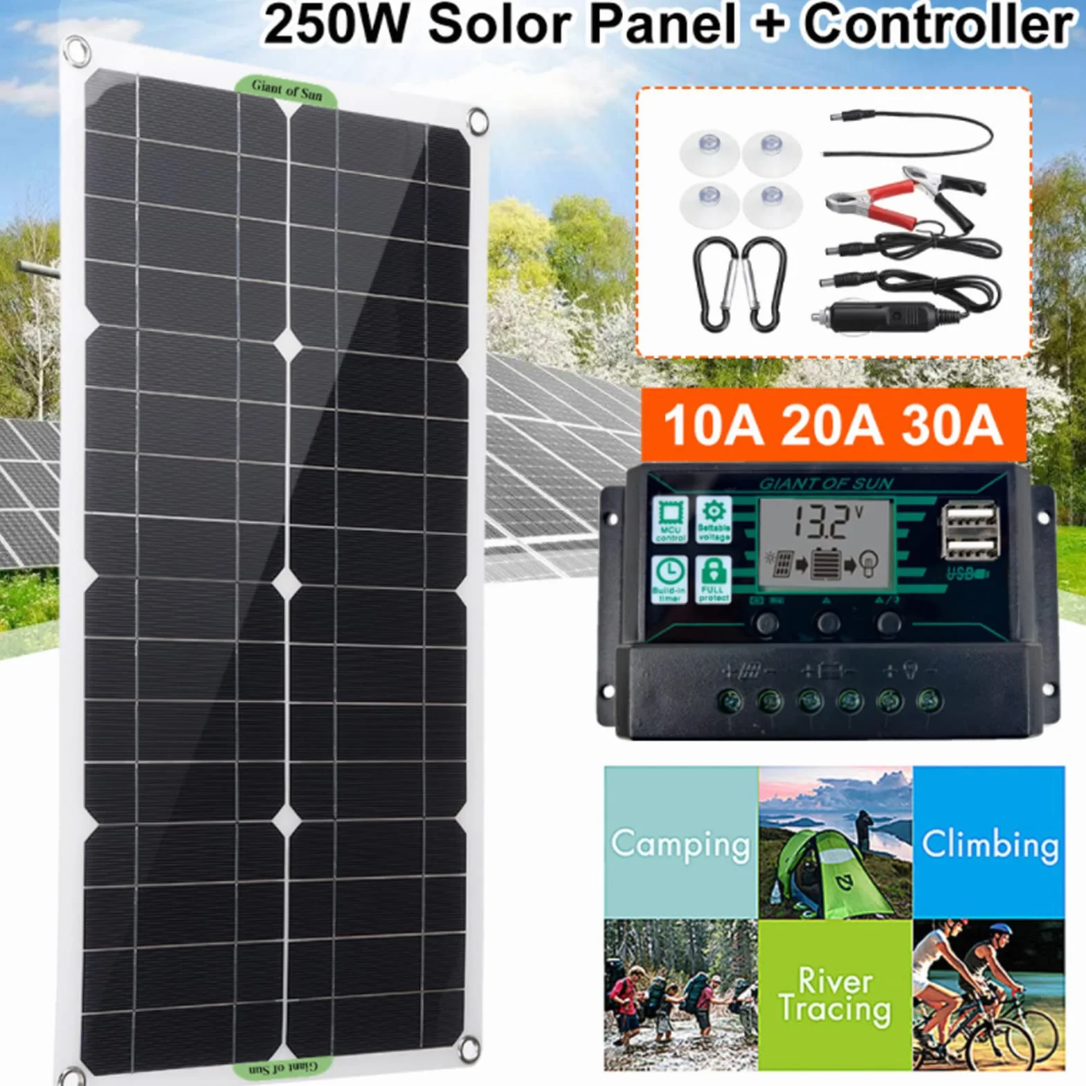 for SICURA0 Kit Pannello Solare, 250W 12V/24V Kit di Avvio per Pannello Solare Portatile Impermeabile con Pannello Solare monocristallino + regolatore di Carica 10A per Auto, Barca, casa e
