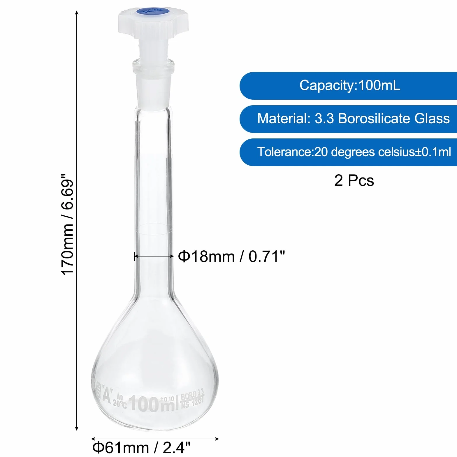 PATIKIL Matraccio Tarato 100ml Matraccio Graduato 2pz 3.3 Vetro Borosilicato Graduato Volumetrico Misura Flacone con Spina Tappo Tolleranza 0.1ml per Laboratorio Esperimento Trasparente
