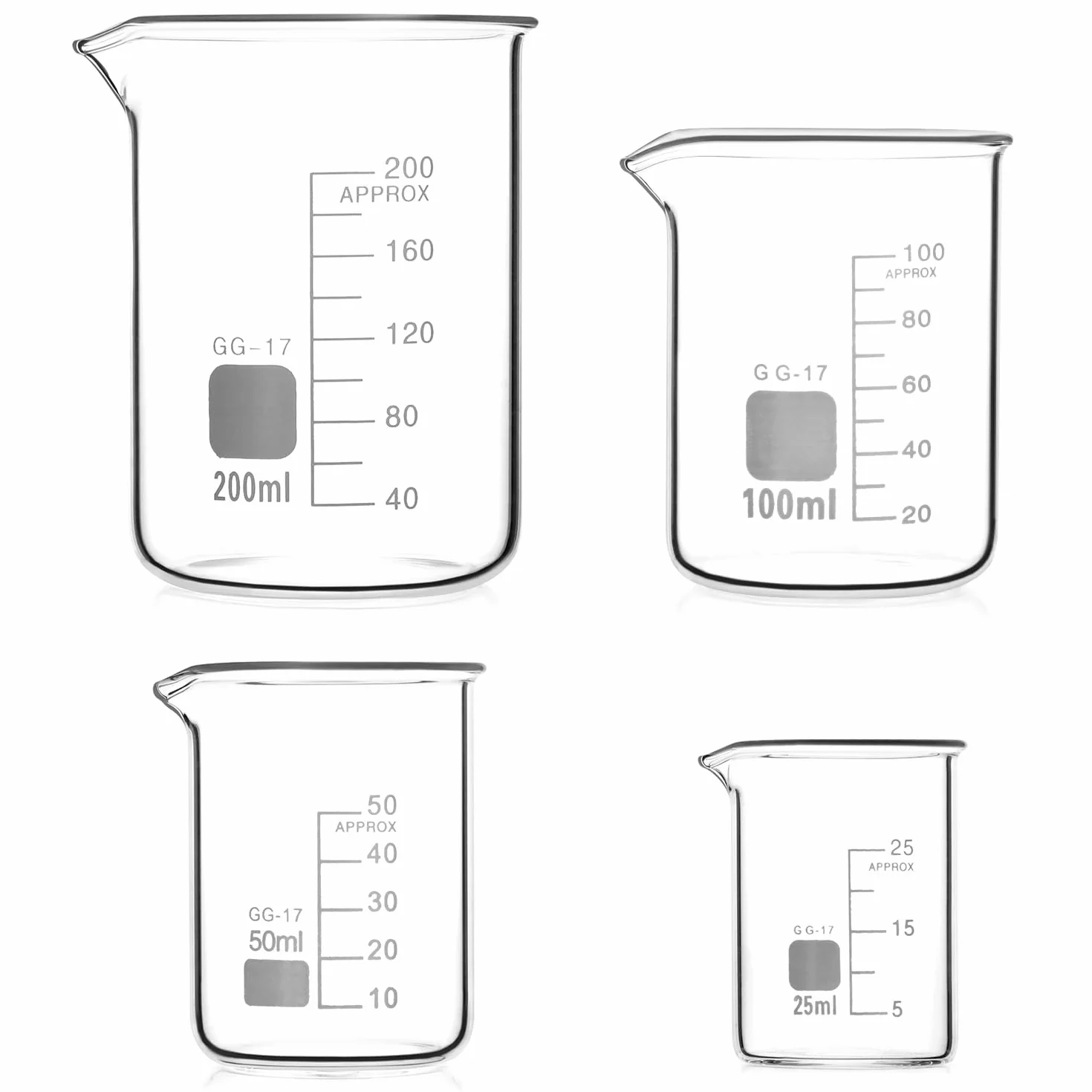 QWORK® Becher Graduato 25ml 50ml 100ml 200ml in Vetro Borosilicato 3.3, Set di 4 Misurino Graduato per Laboratorio Scientifico Cucina