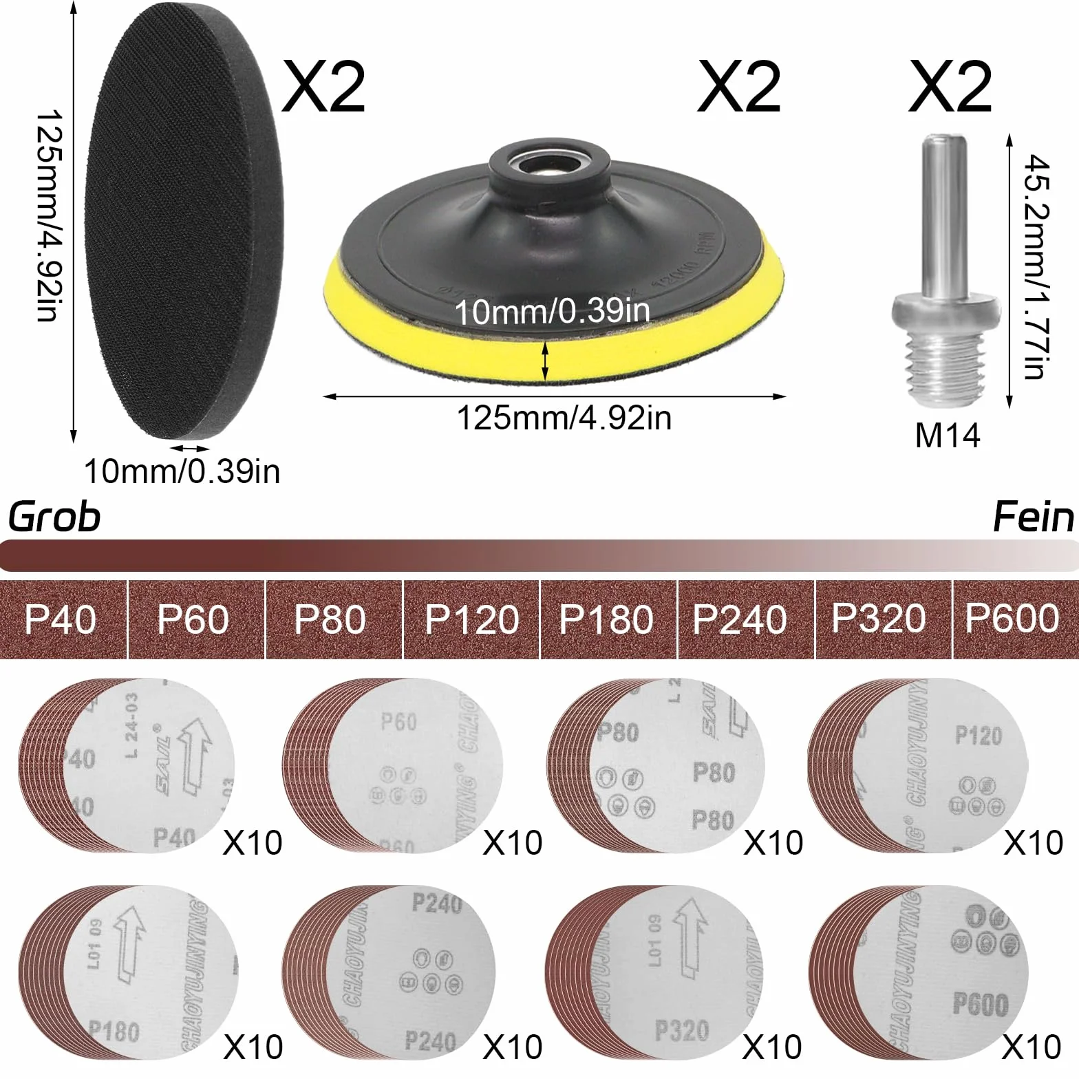 Set di 80 dischi abrasivi con 2 dischi abrasivi M14, 2 fusti e 2 tamponi, carta vetrata da 125 mm, grana in 40/60/80/120/180/240/320/600 per smerigliatrice angolare