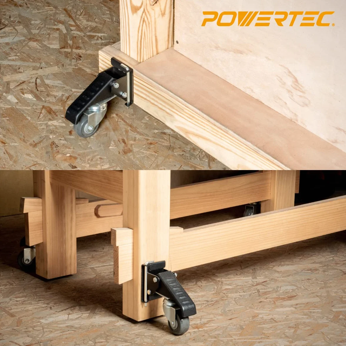 POWERTEC 17002 - Set di 4 rotelle per banco da lavoro, con piastre a sgancio rapido, colore: Nero