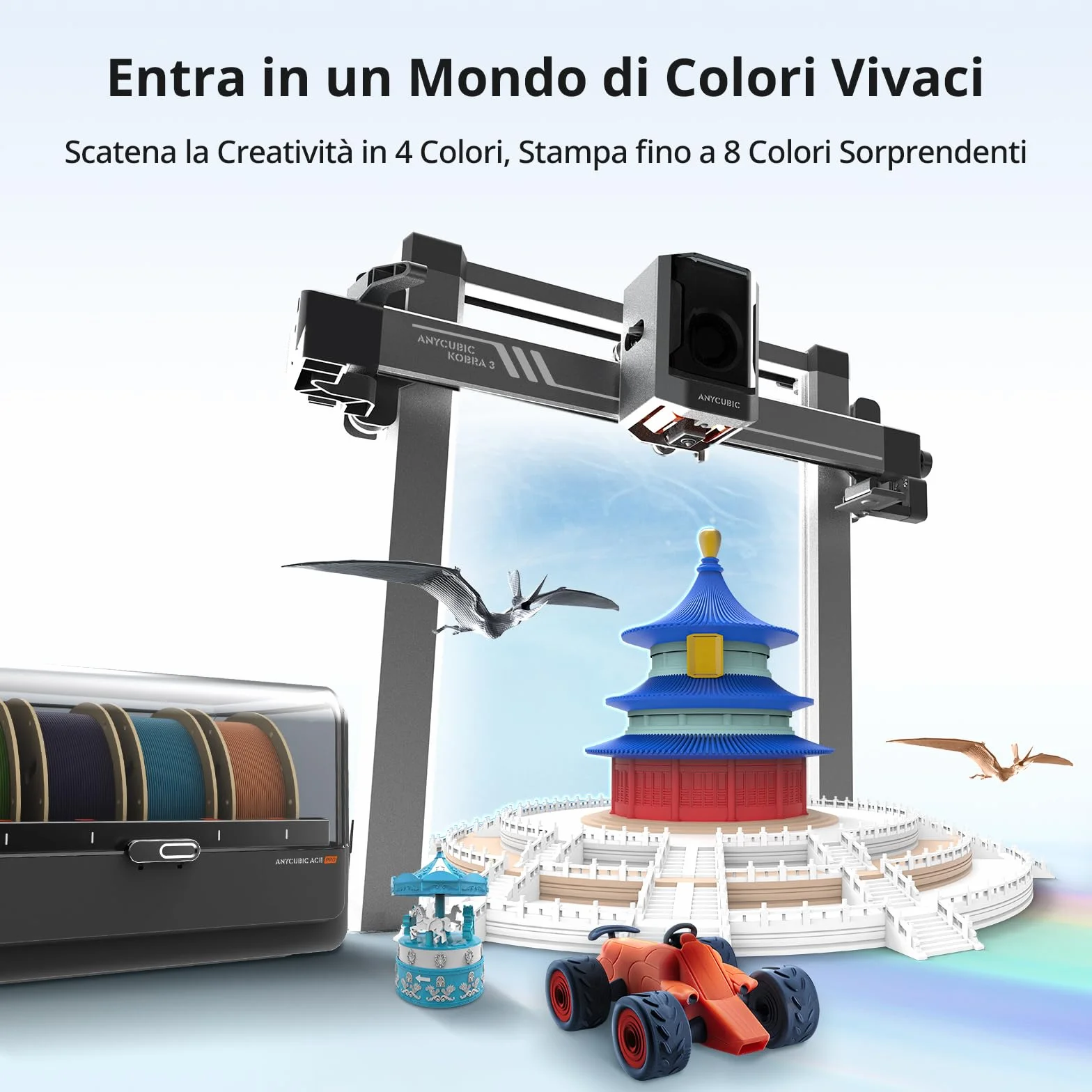 ANYCUBIC Kobra 3 Combo Stampante 3D Intelligente per la Stampa Multicolore (da 4 a 8 Colori), Stampante 3D FDM ad Alta Velocità di 600 mm/s, Grande Volume di Stampa 250 * 250 * 260mm