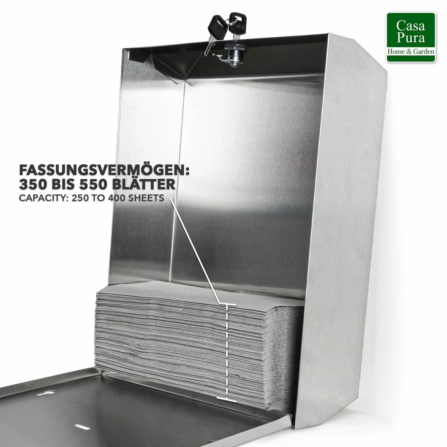 Dispenser di carta in acciaio inox chiudibile per 350-550 asciugamani con chiavi e materiale di montaggio