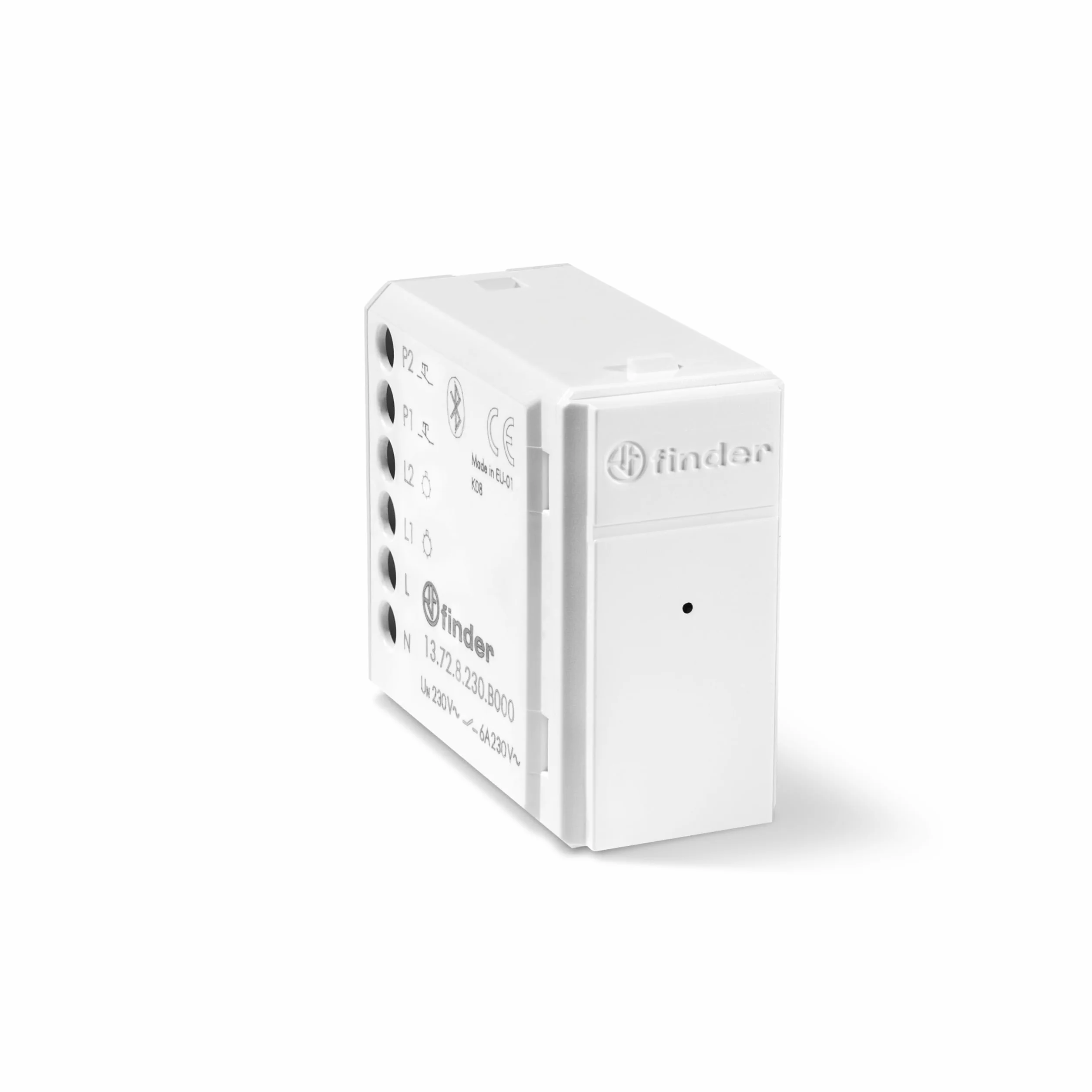 Finder Relè multifunzione connesso Bluetooth YESLY Tipo 13728230B000. 2 contatti. Adatto per controllo luci, tapparelle e tende elettriche. Programmabile tramite App Finder YOU. Colore Bianco